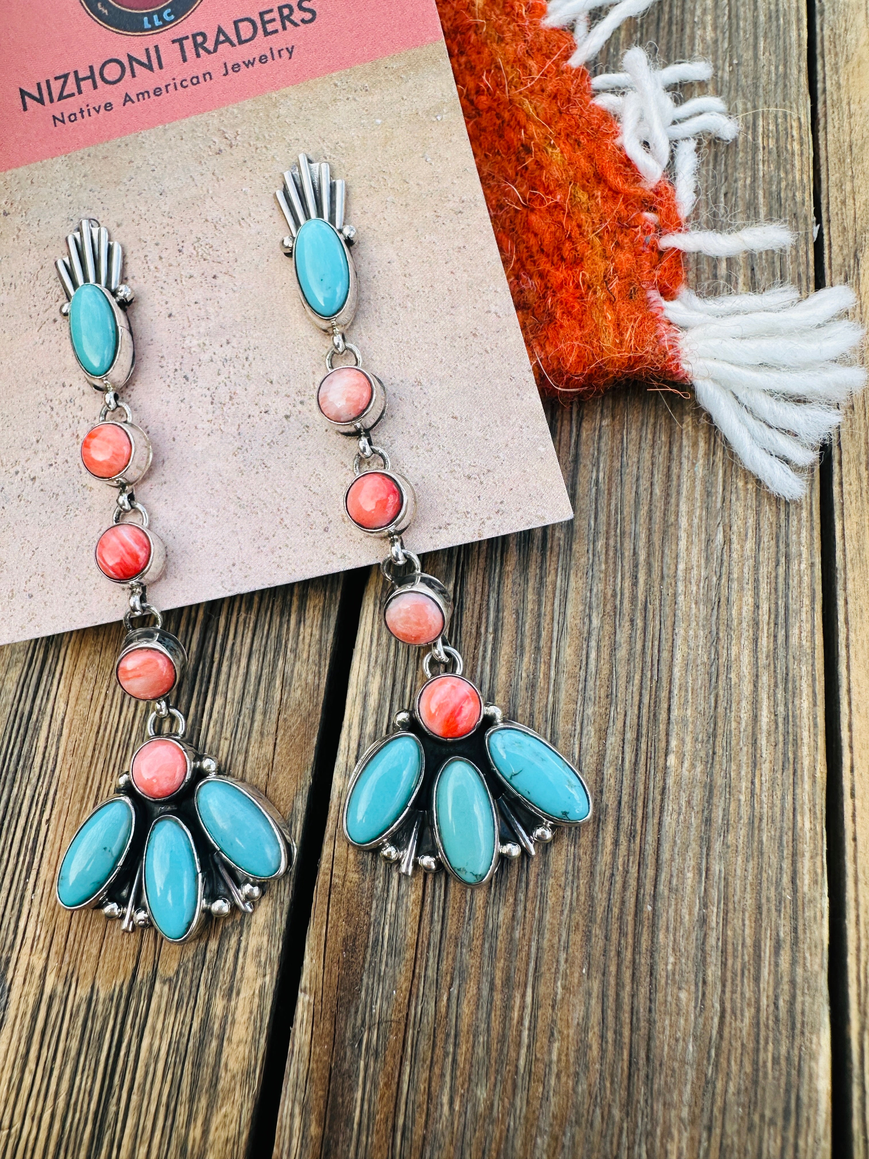 Handcrafted Turquoise, Spiny Oyster & Sterling Silver Concho Dangle Earrings