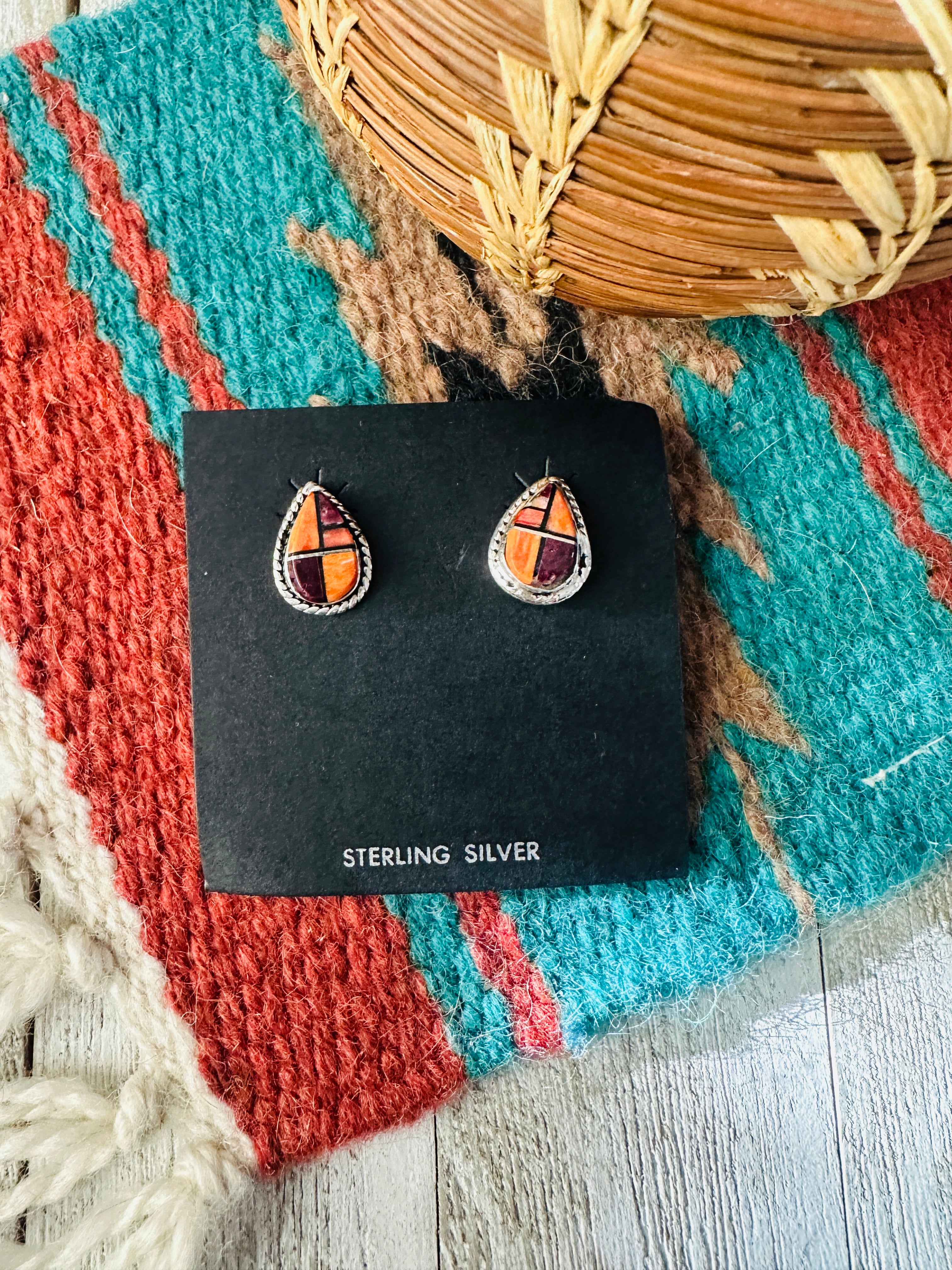 Navajo Sterling Silver & Spiny Oyster Inlay Post Earrings