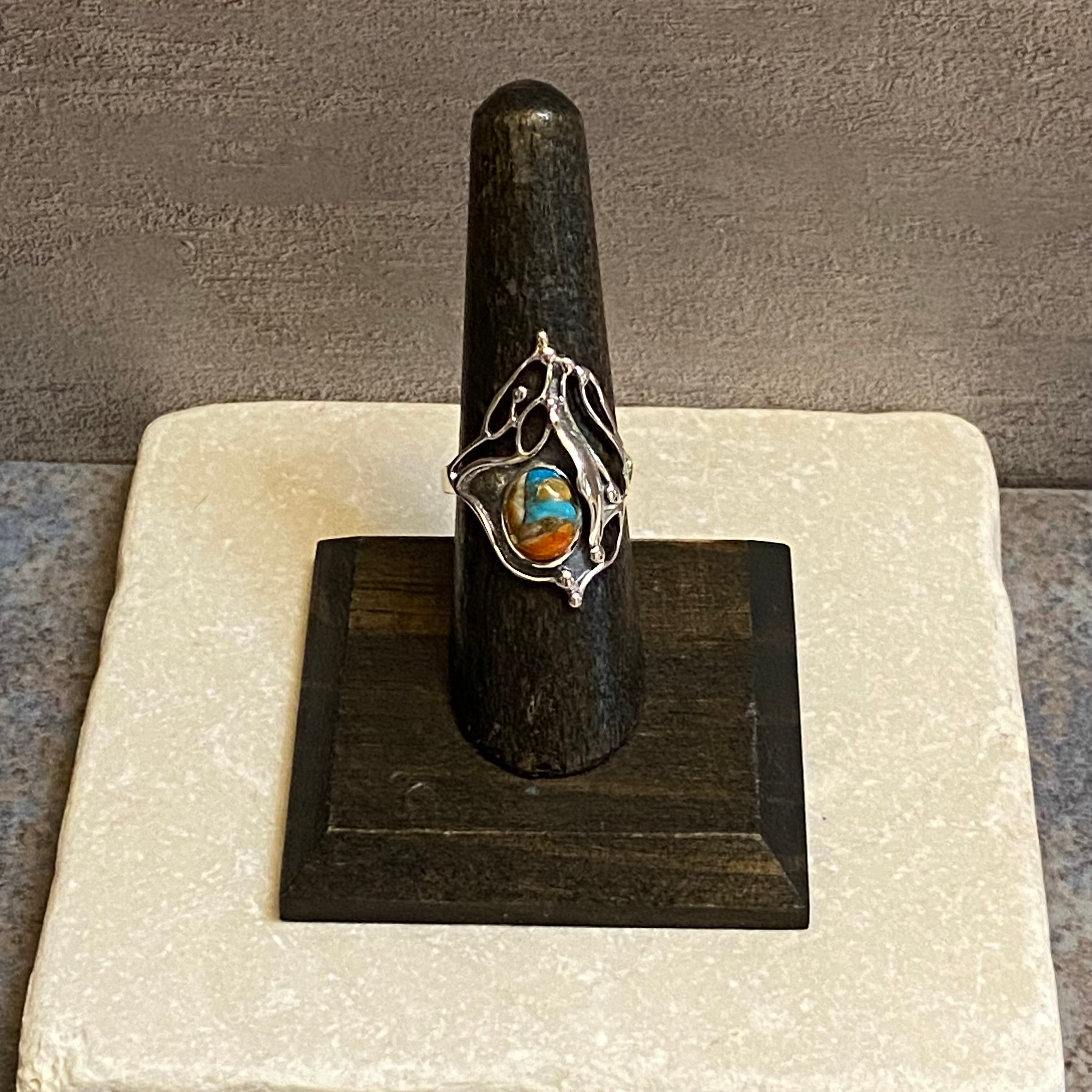 Sterling Silver Orange Spiny Turquoise Intricate Etched Ring Size 7.5