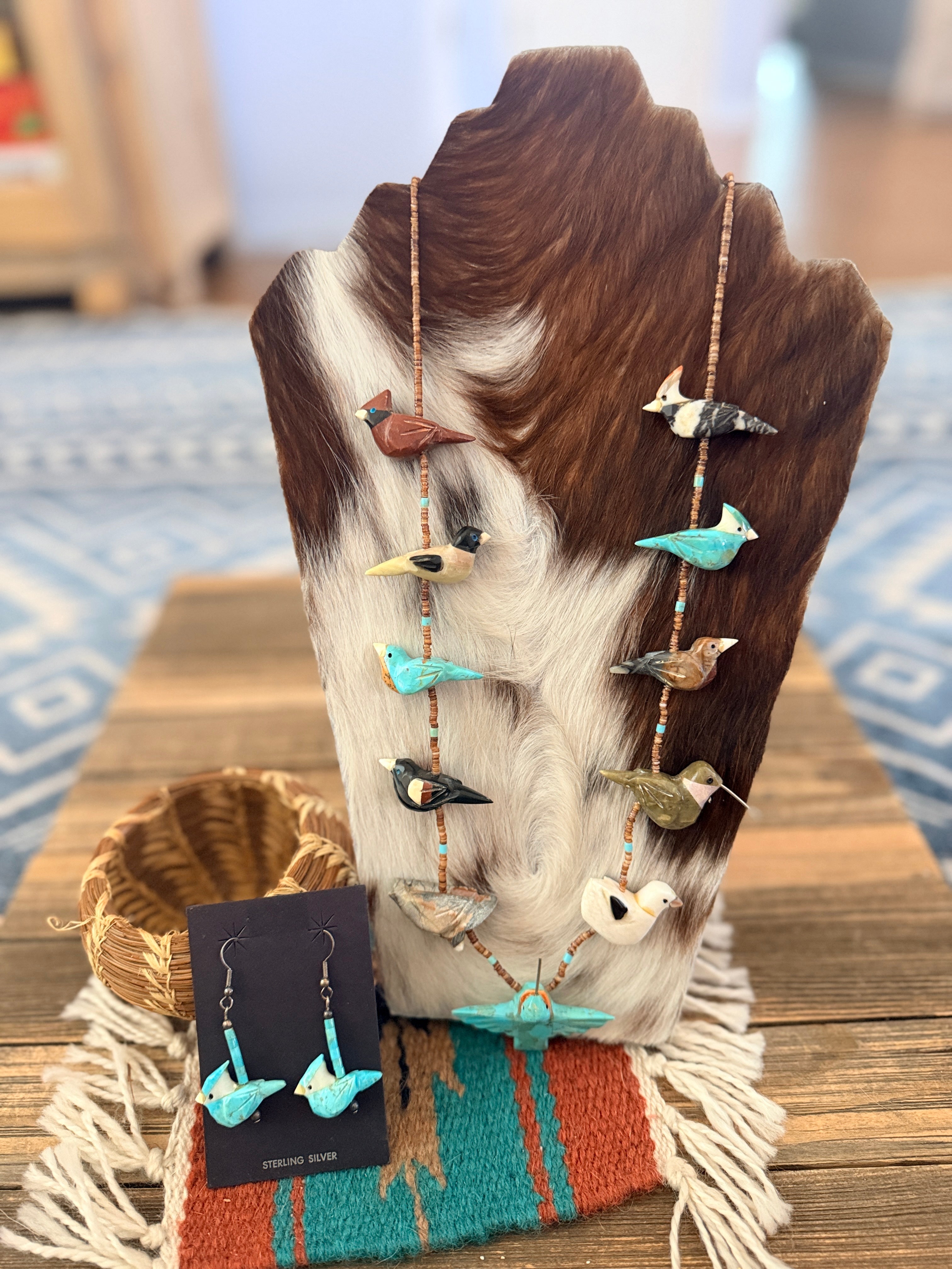 Old Pawn Handcrafted Multi Stone Fetish Bird Beaded 30” Necklace and Earring Set