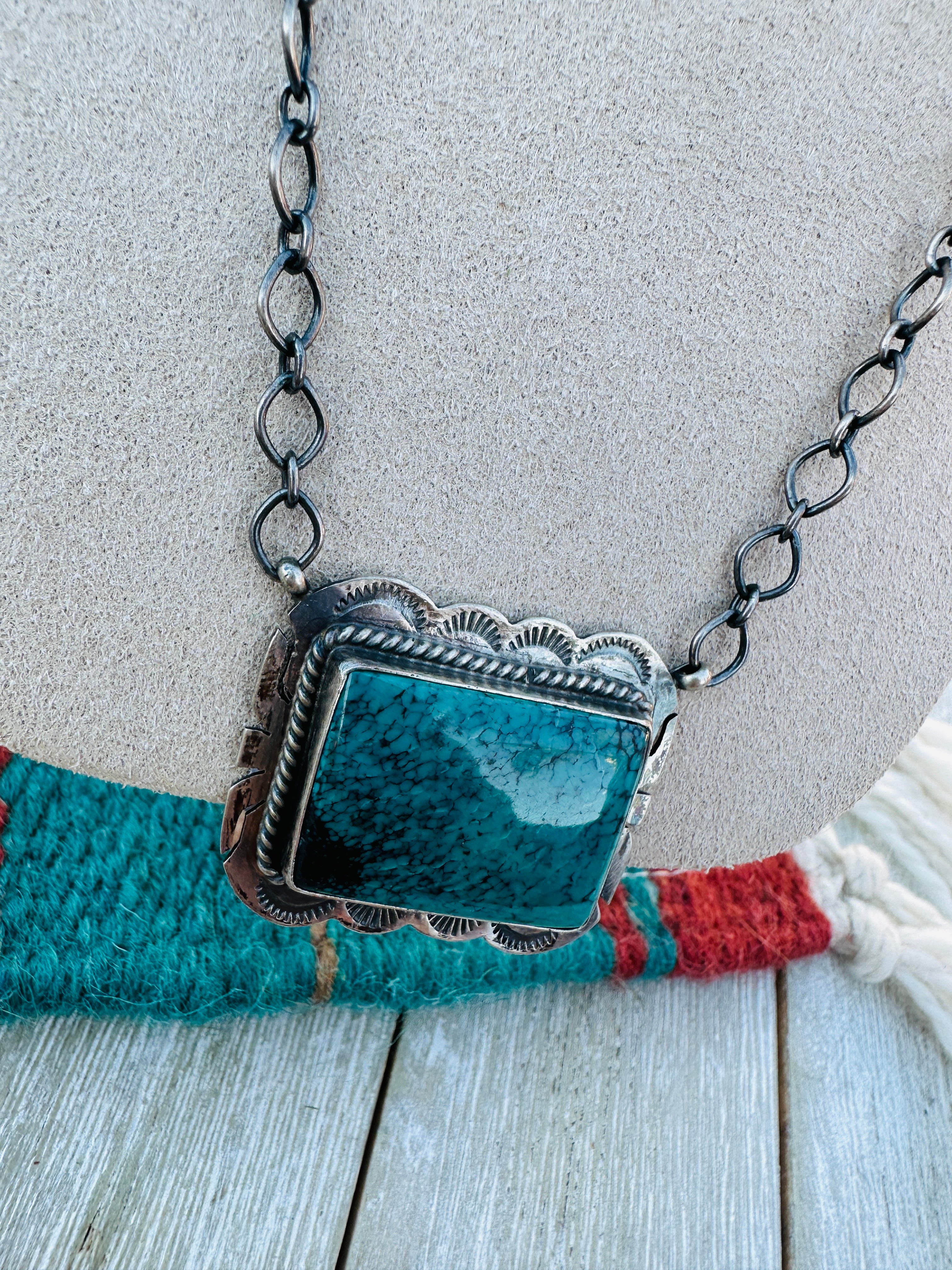 Handcrafted Sterling Silver 18” Link Chain & Turquoise Necklace