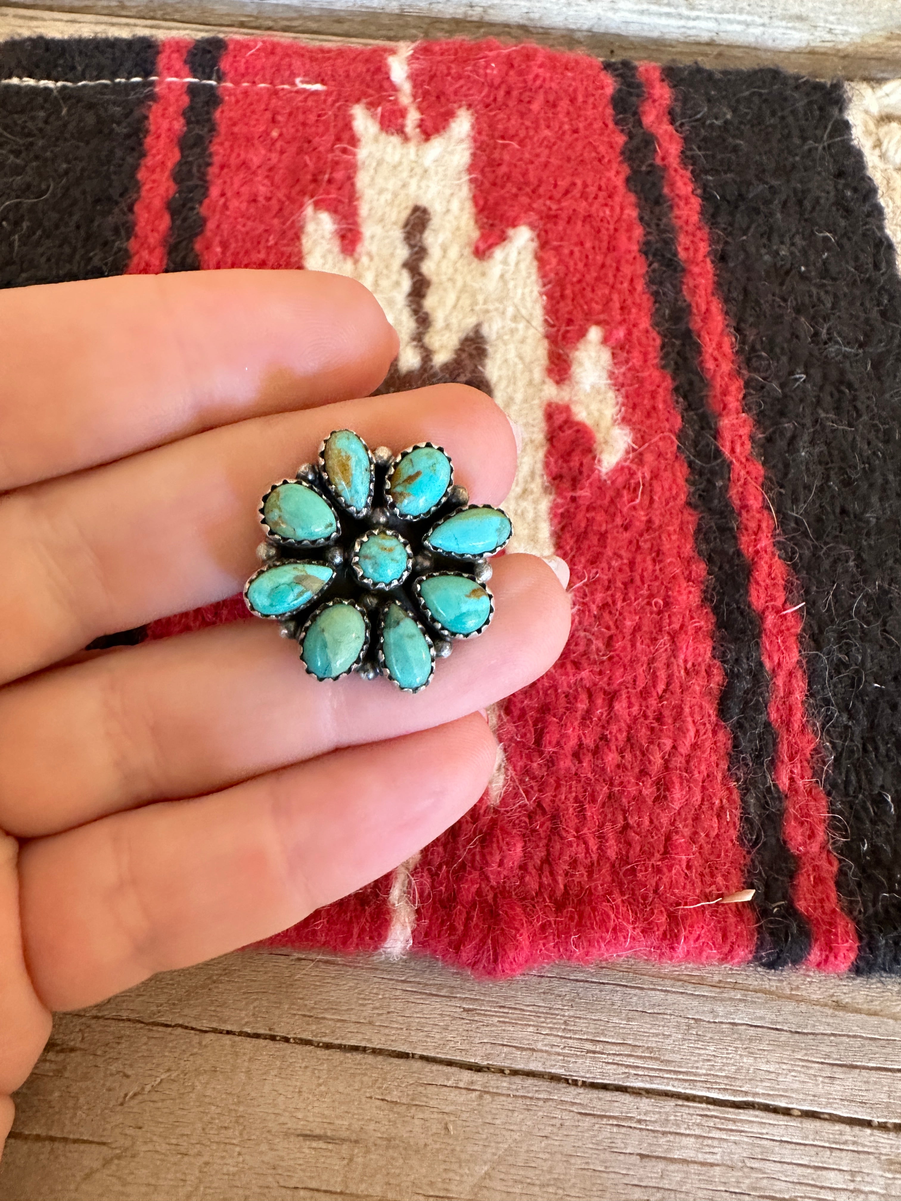 Beautiful Handmade Turquoise And Sterling Silver Adjustable Flower Ring