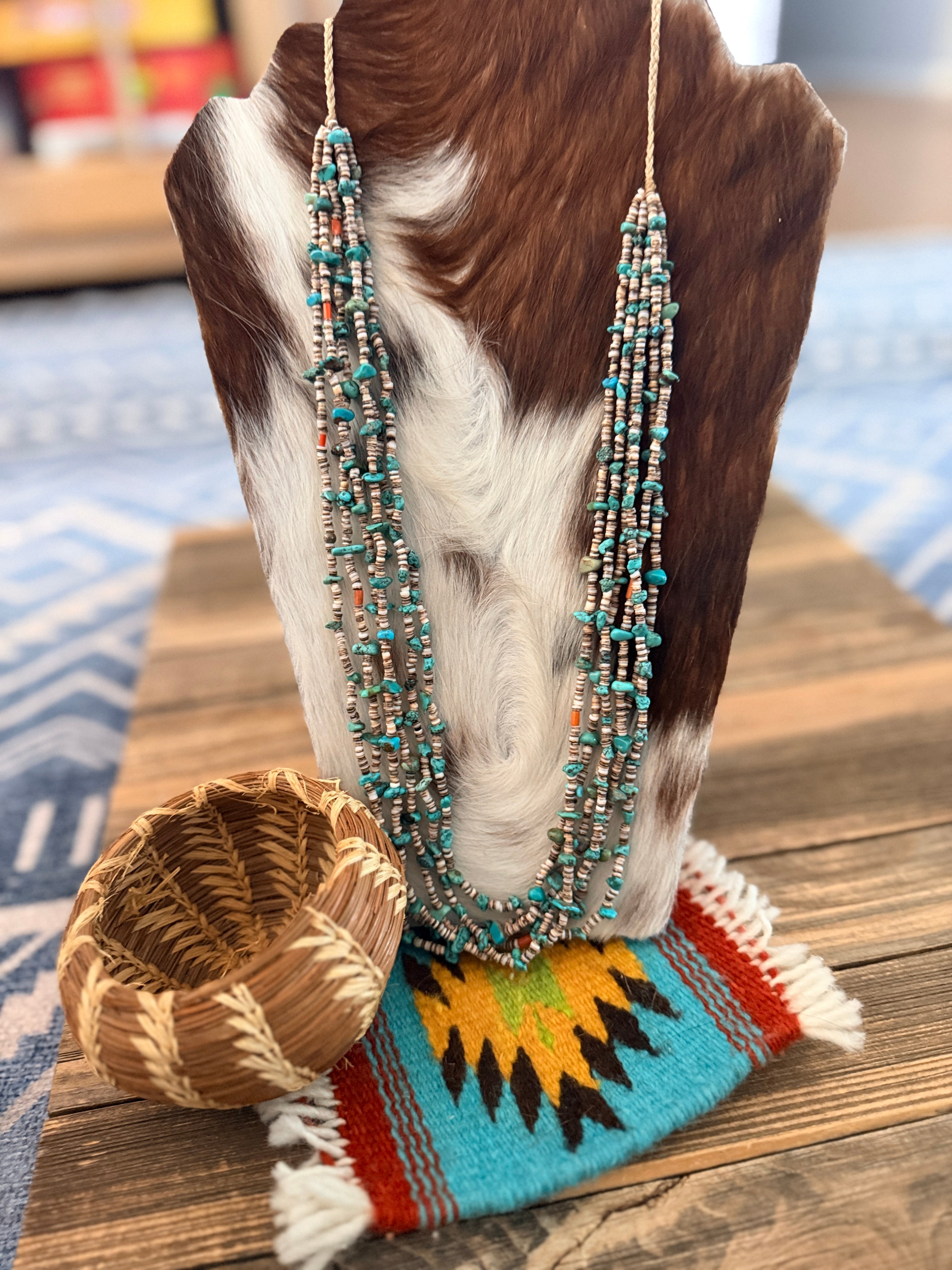 Old Pawn Handcrafted Turquoise & Heishi Shell Beaded 30” Necklace