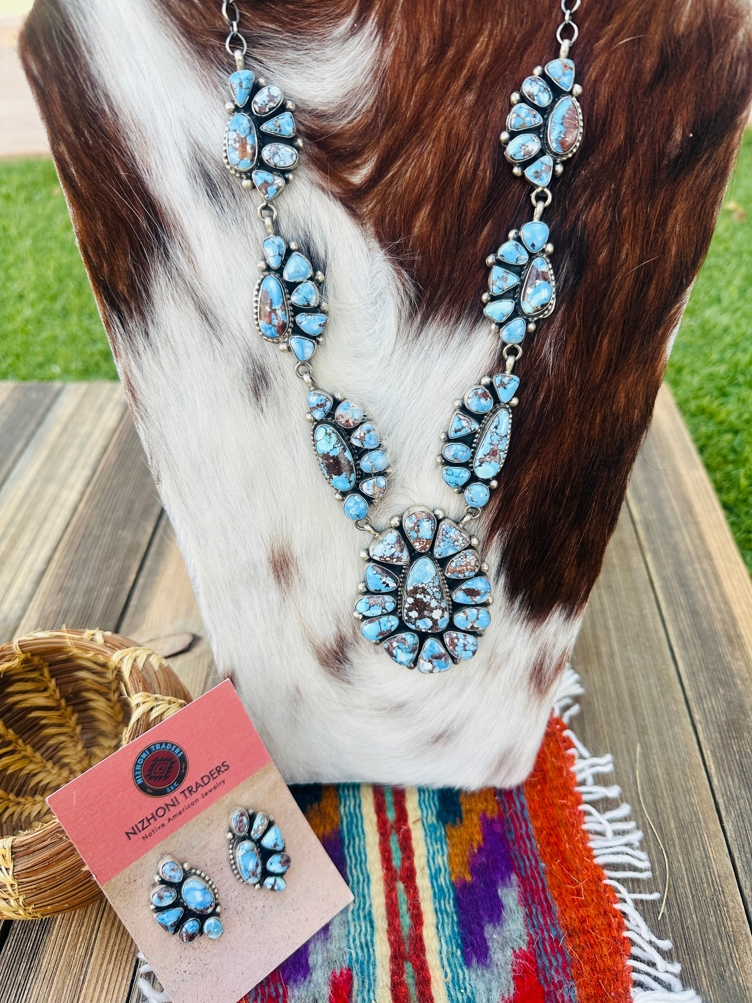 Handcrafted Golden Hills Turquoise & Sterling Silver Necklace and Earring Set