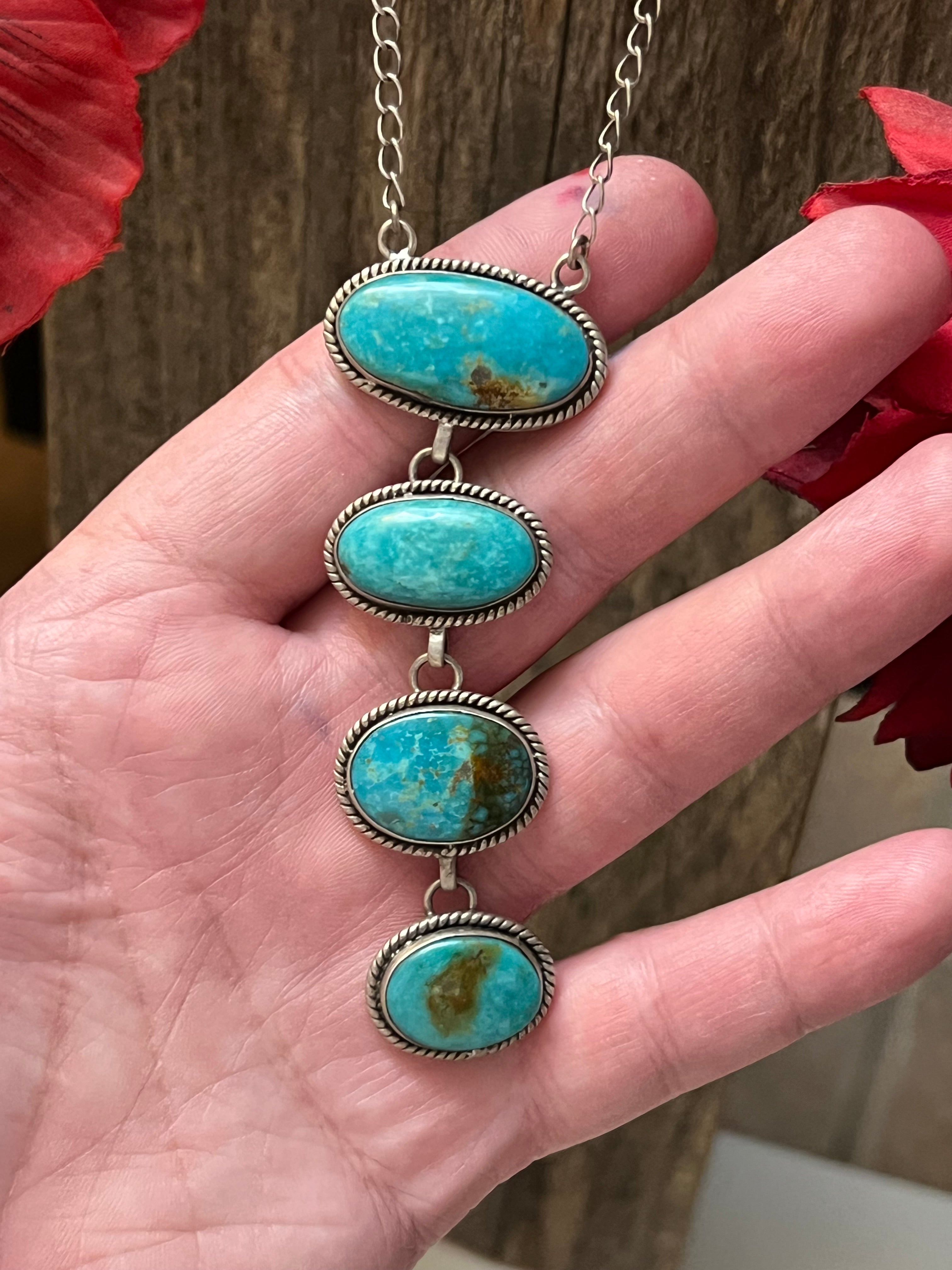 Handmade 4 Stone Turquoise & Sterling Silver Drop Necklace (01)