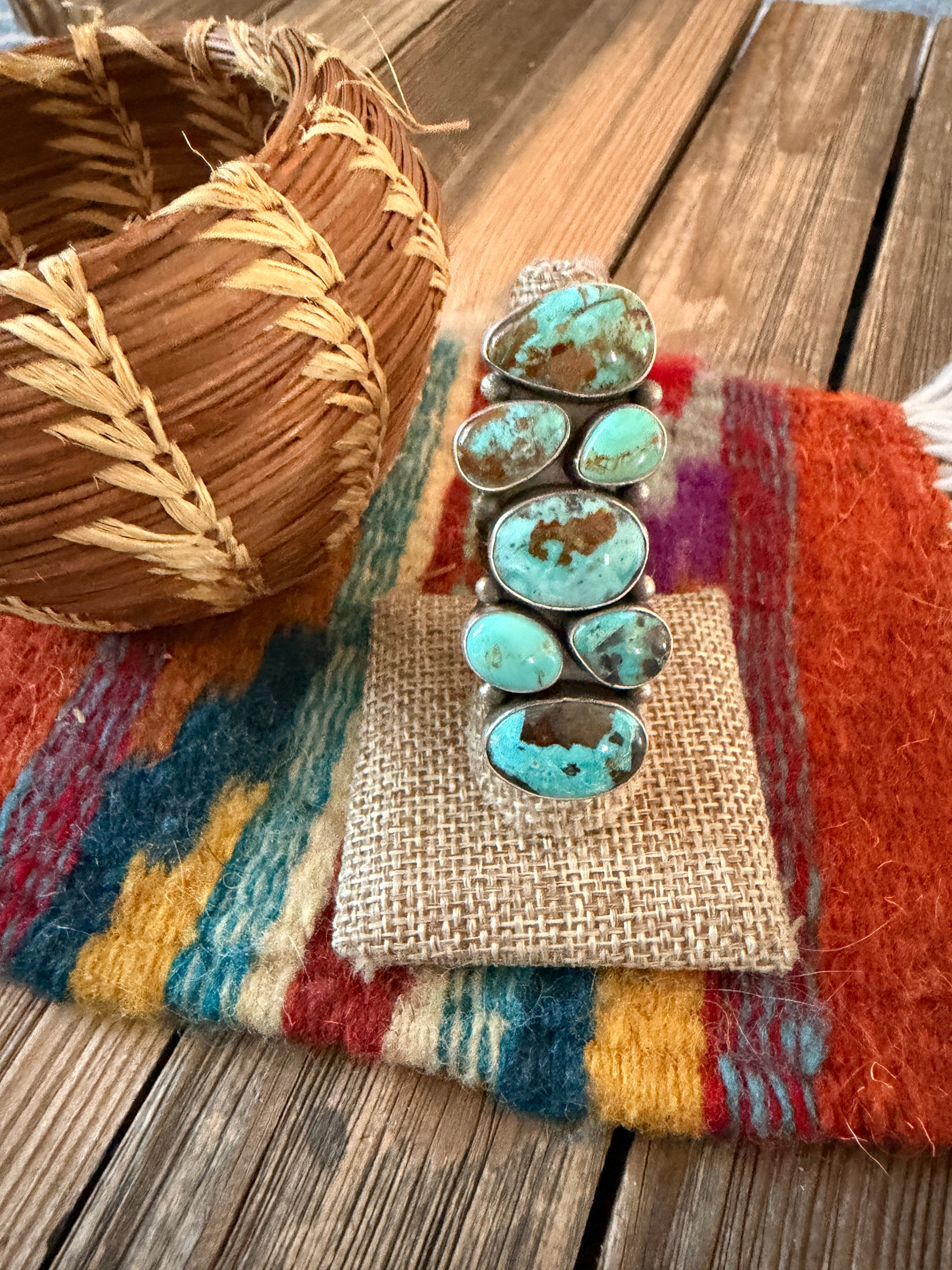 Handcrafted Turquoise & Sterling Silver Cluster Ring Size 8
