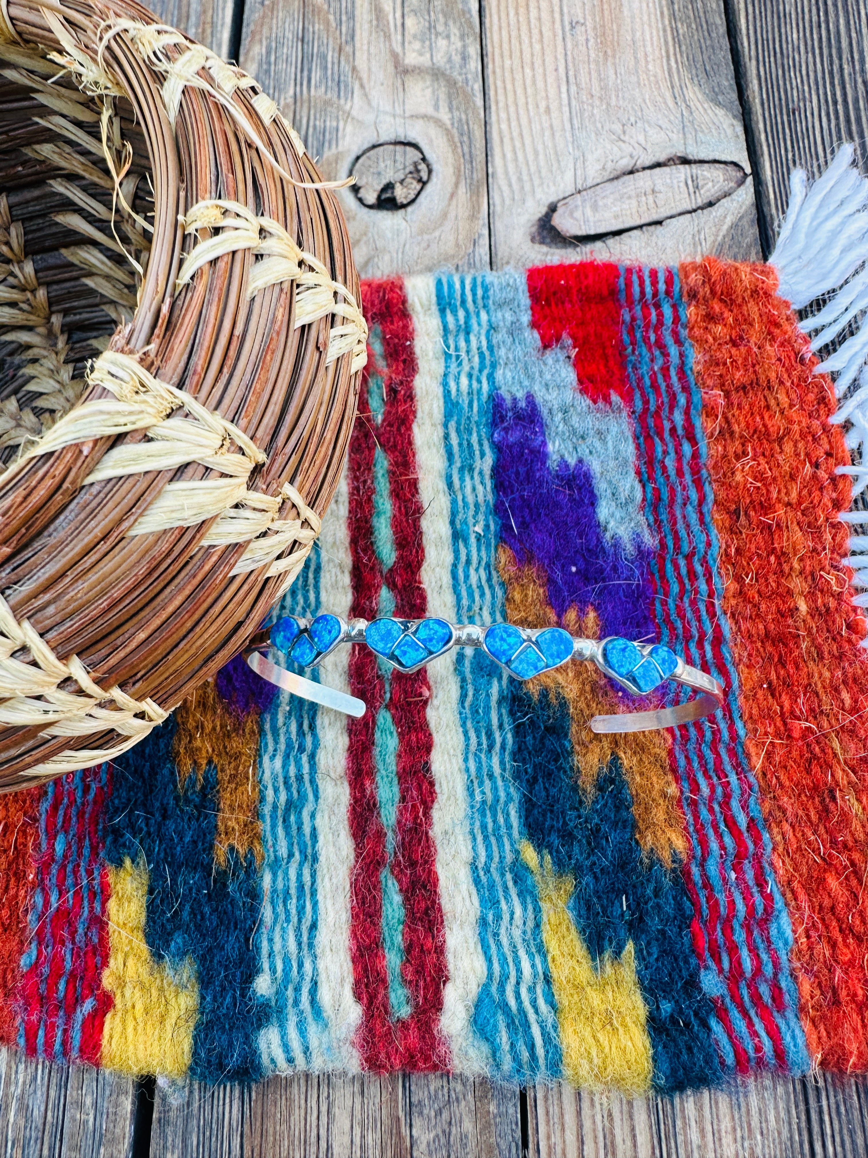 Handcrafted Sterling Silver & Blue Opal Heart Inlay Cuff Bracelet