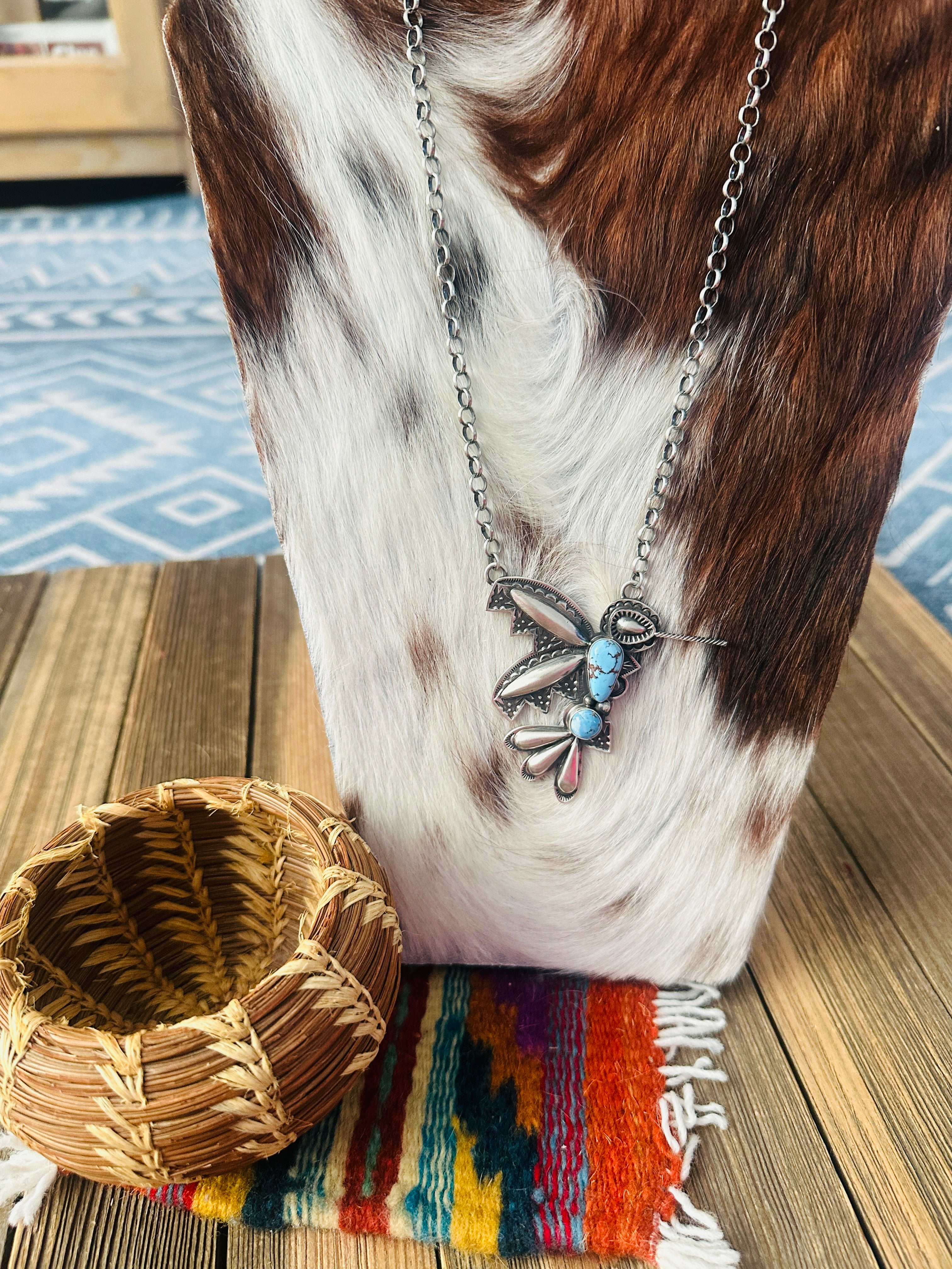 Handcrafted Golden Hills Turquoise & Sterling Silver Hummingbird Necklace by Charles Johnson