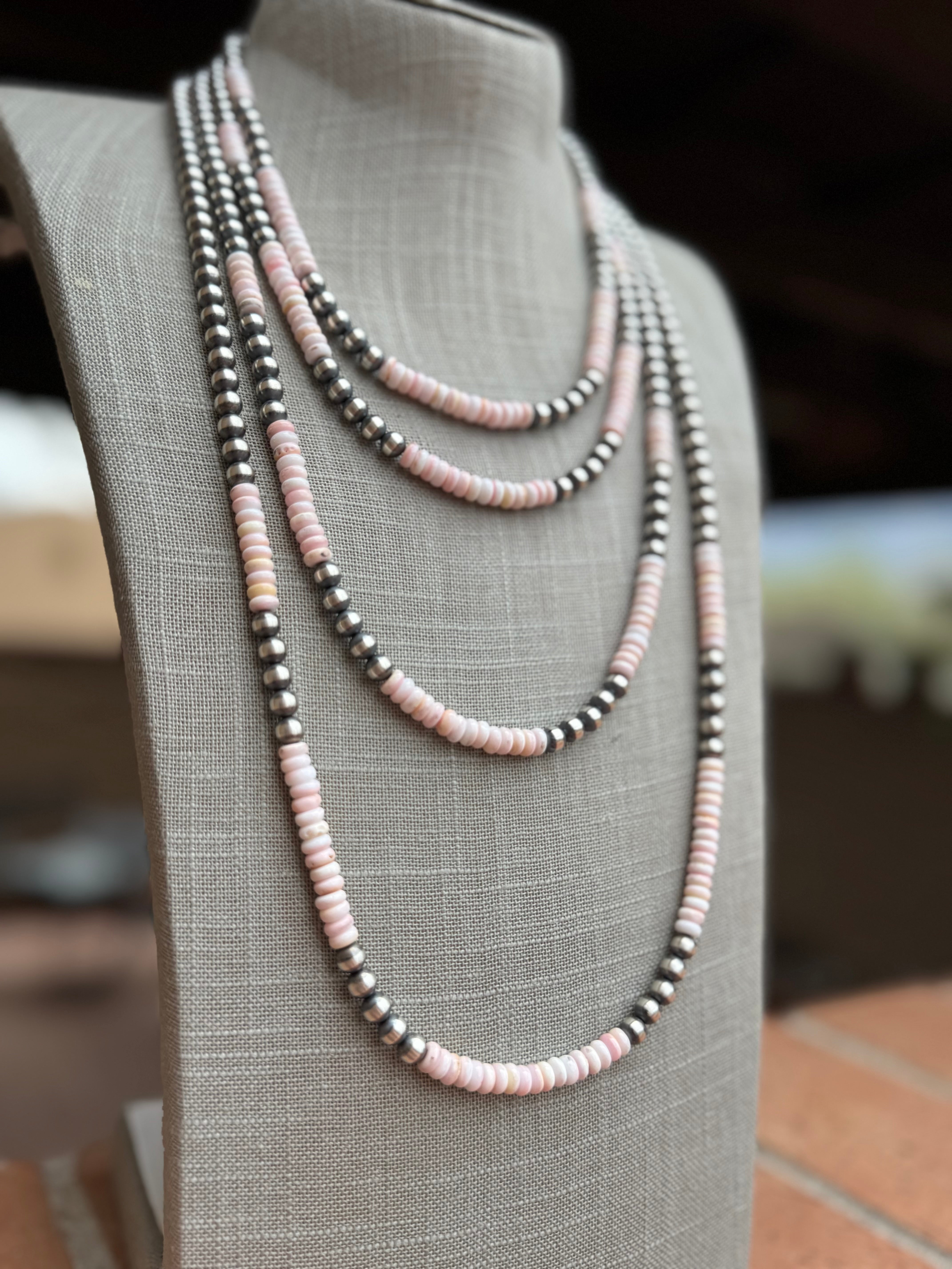 Handcrafted  Sterling Silver Pearl & Queen Pink Conch Beaded Necklace 6mm