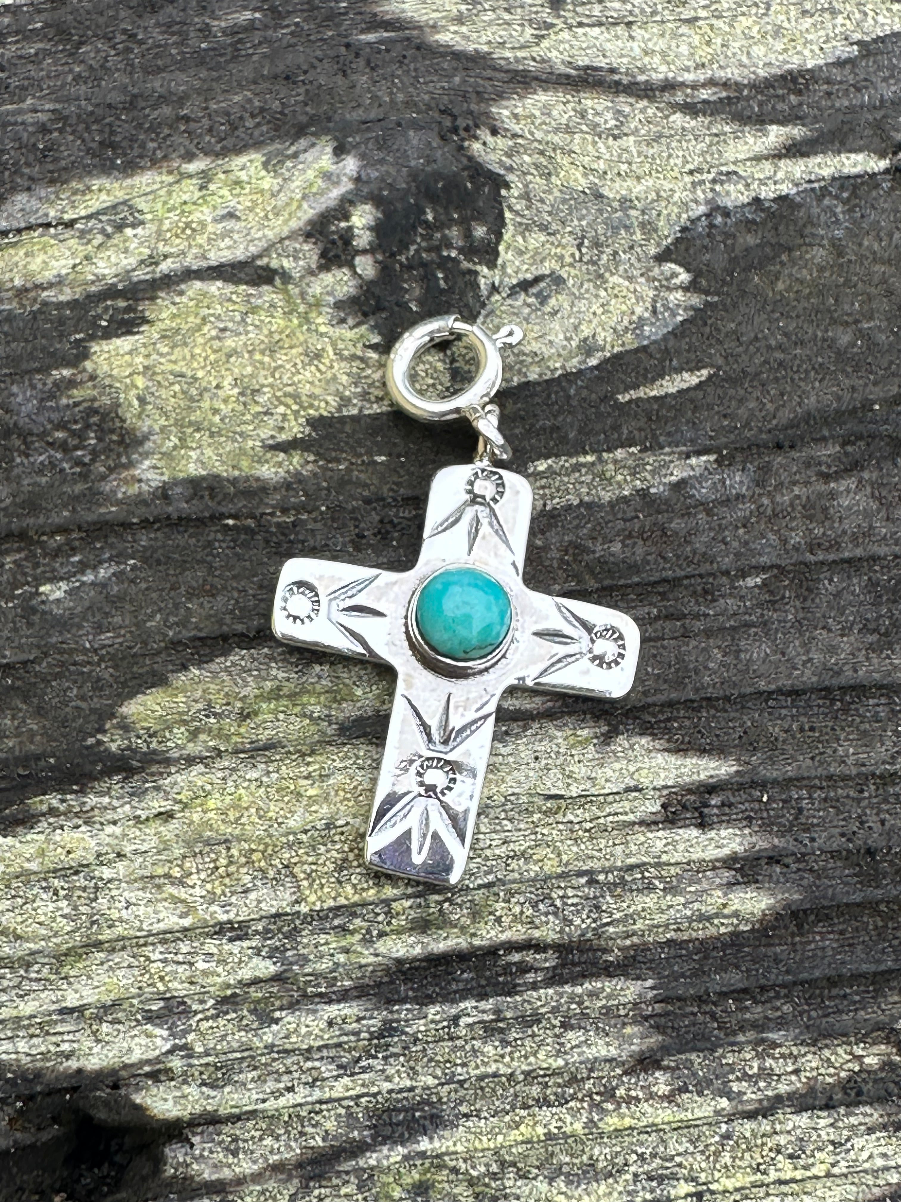 Sterling Silver and Turquoise Hand Stamped Cross Charm