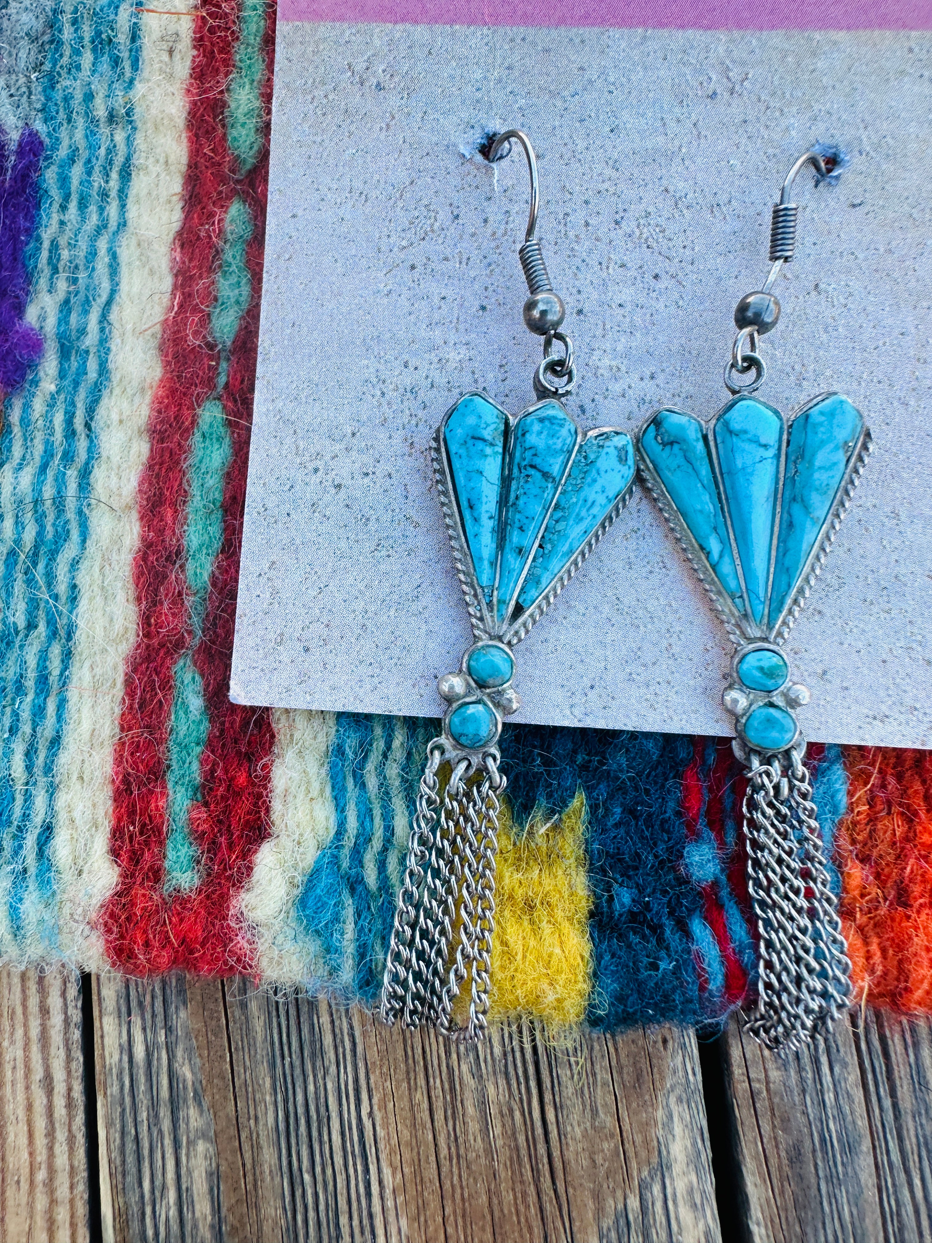 Handcrafted Old Pawn Sterling Silver & Turquoise Tassel Dangle Earrings
