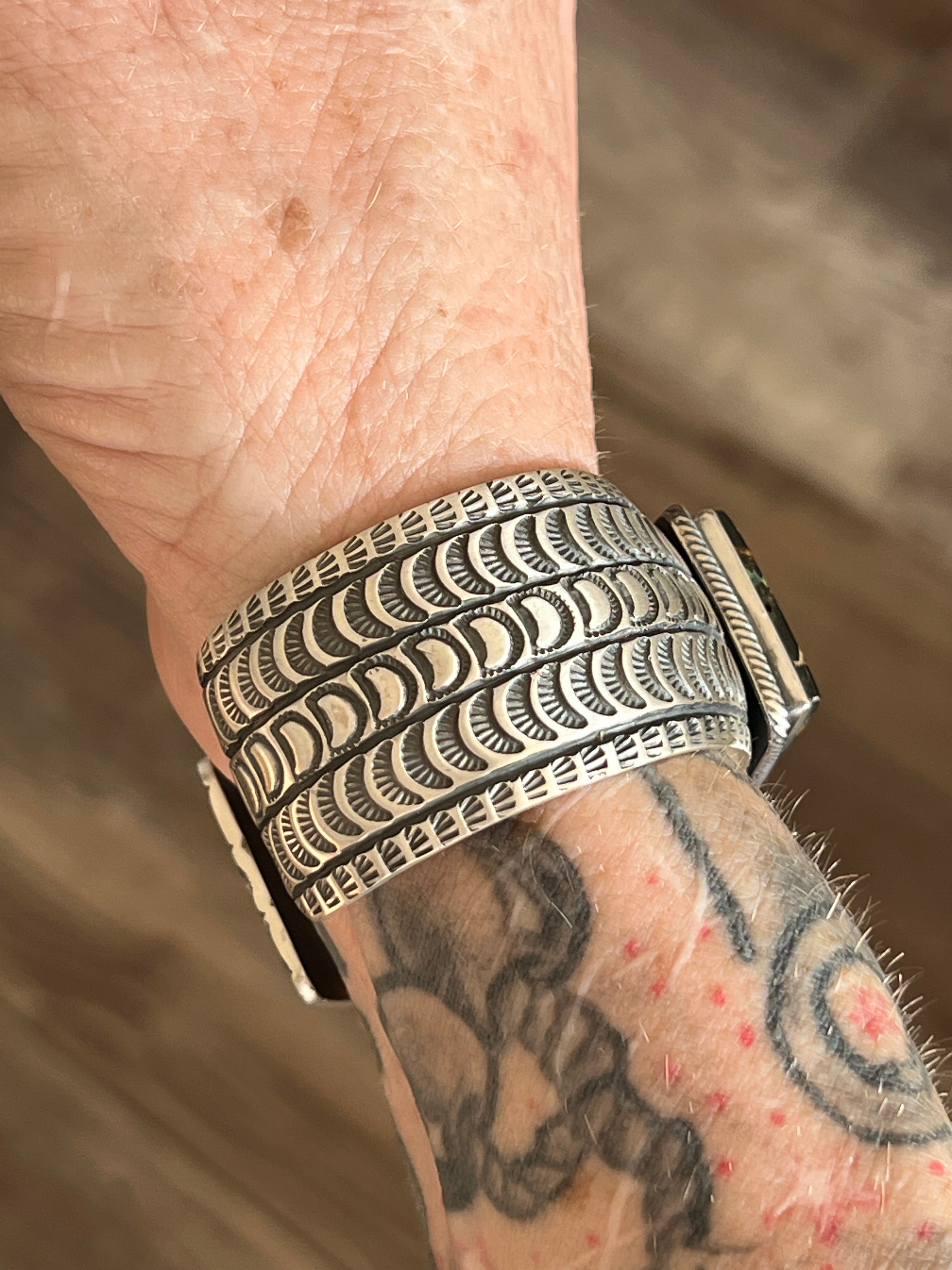 Handcrafted Sterling Silver and Blackjack Turquoise Hand Stamped Cuff Bracelet by Randy Boyd