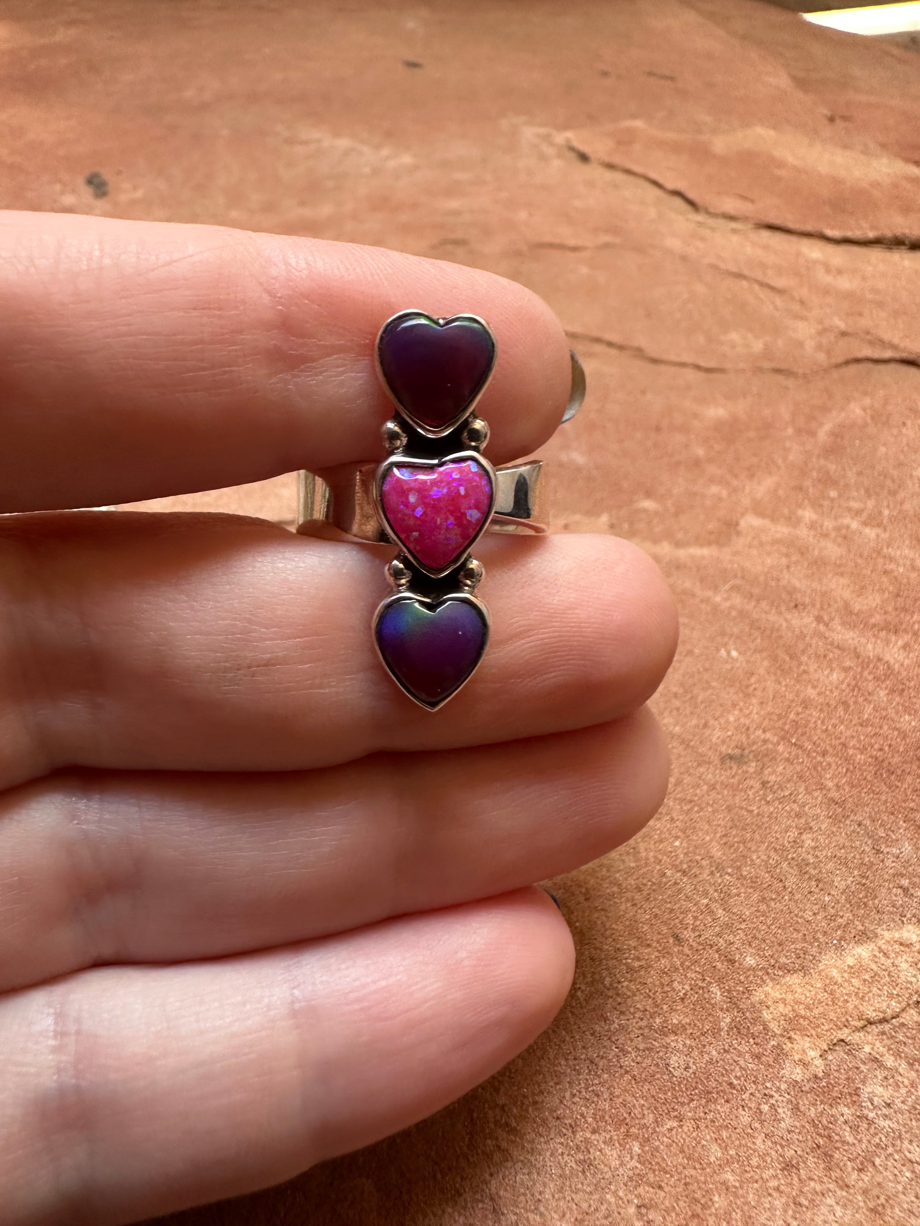 Handmade Opal & Fire Opal And Sterling Silver Adjustable Heart Ring