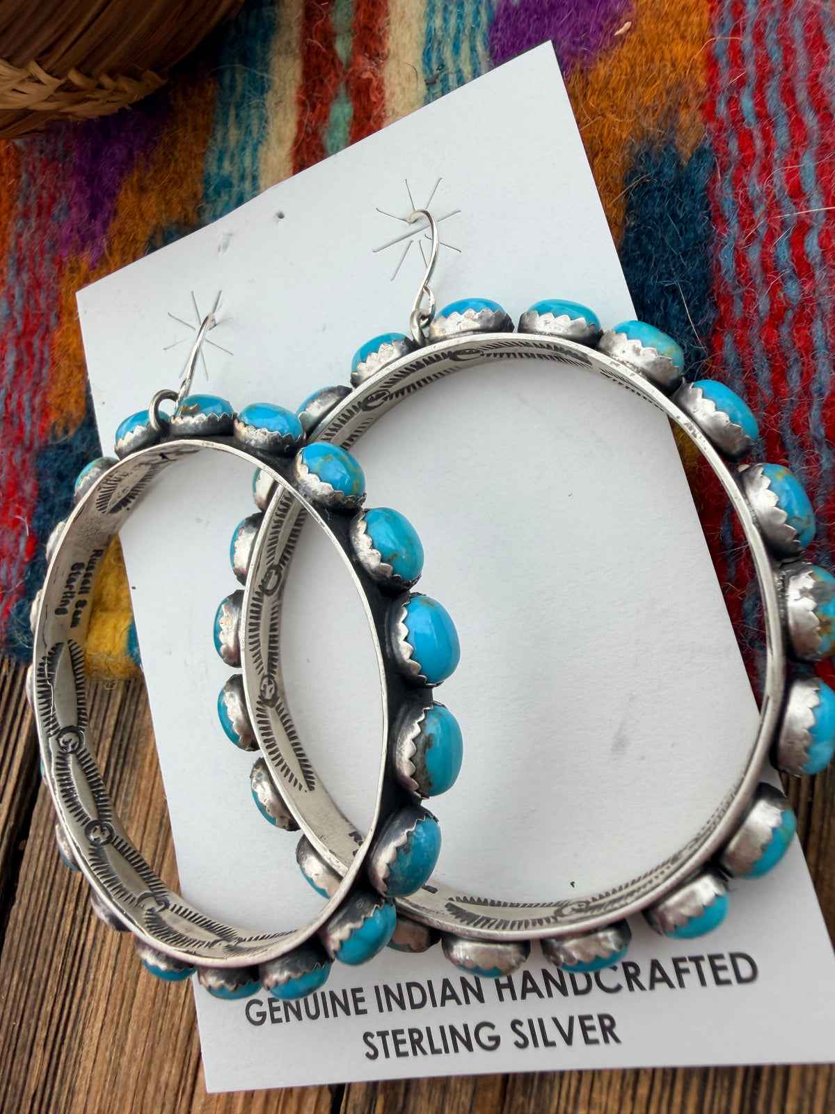 Handcrafted Turquoise & Sterling Silver Dangle Hoop Earrings by Russell Sam