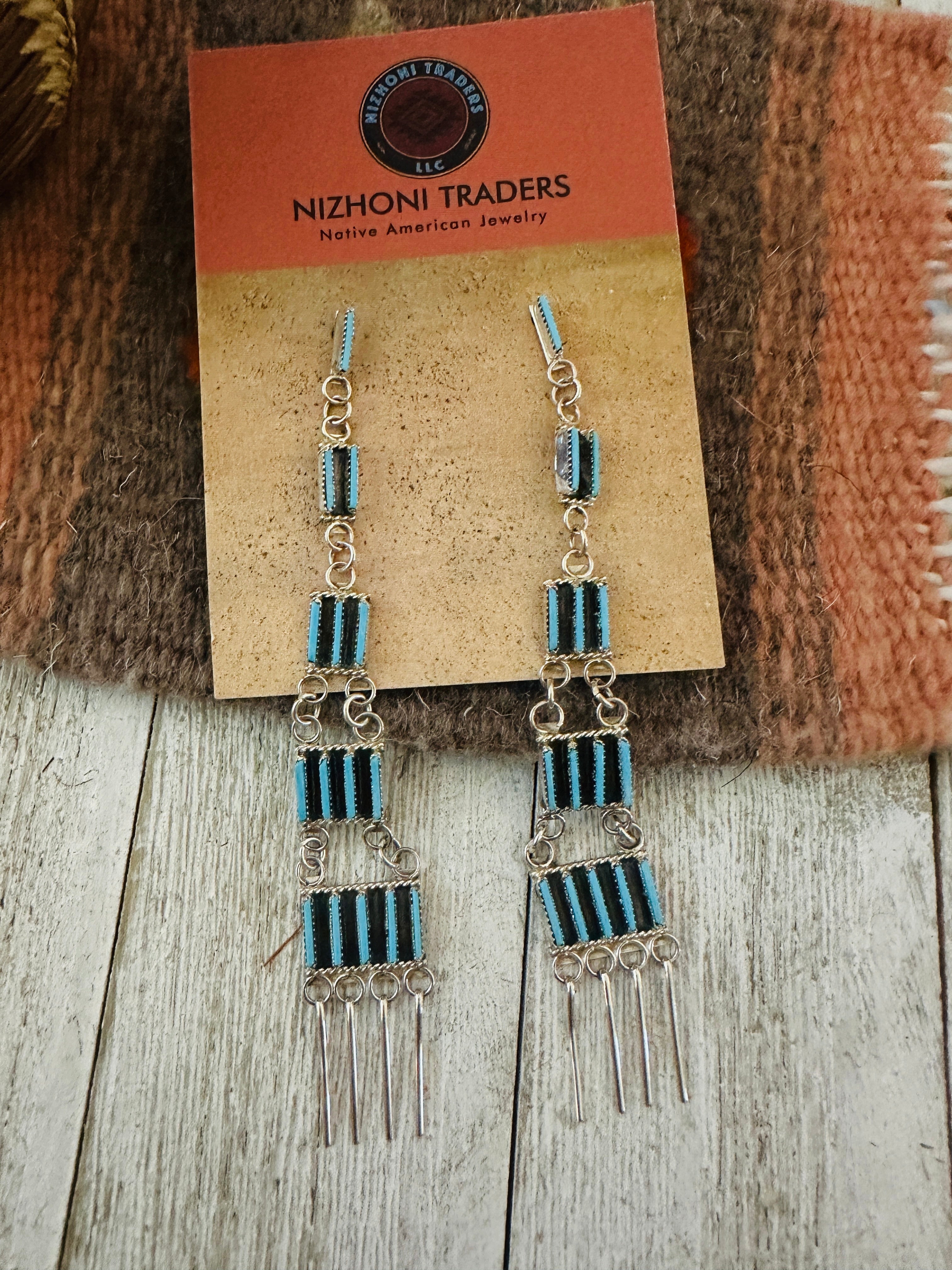 Handcrafted Sterling Silver & Turquoise Needlepoint Dangle Earrings