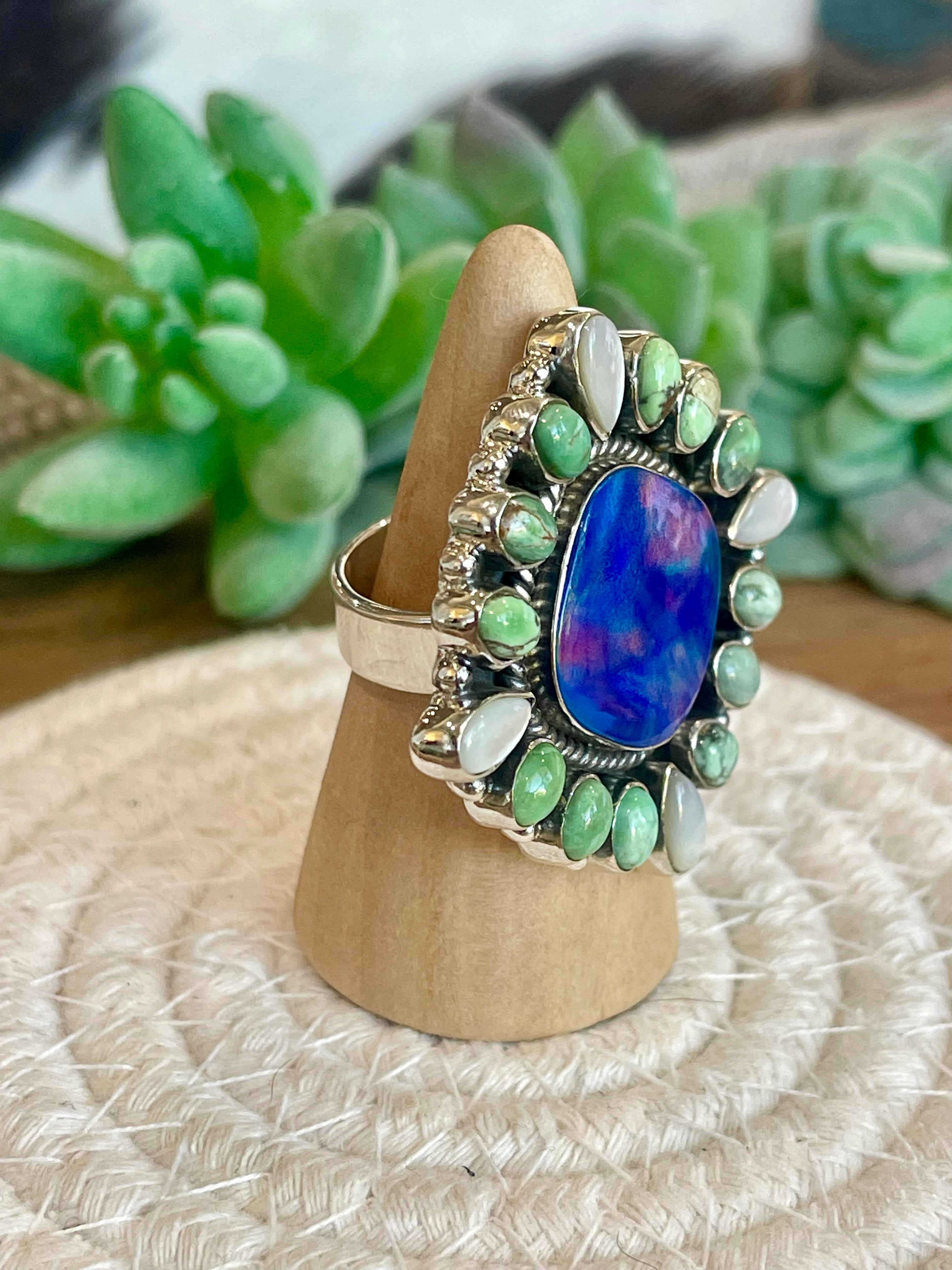 Handmade  Blue Opal, Mother Of Pearl, Turquoise And Sterling Silver Adjustable Ring Signed Nizhoni