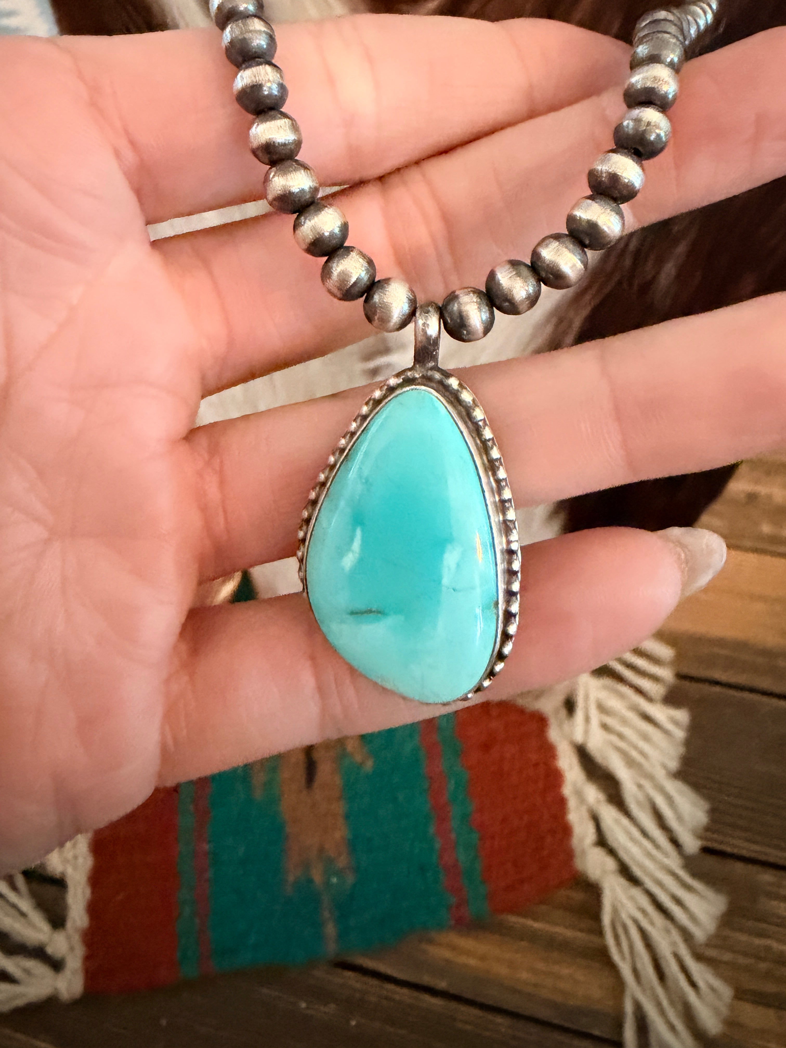 Handcrafted Turquoise & 5mm Sterling Silver Pearl 18” Beaded Necklace