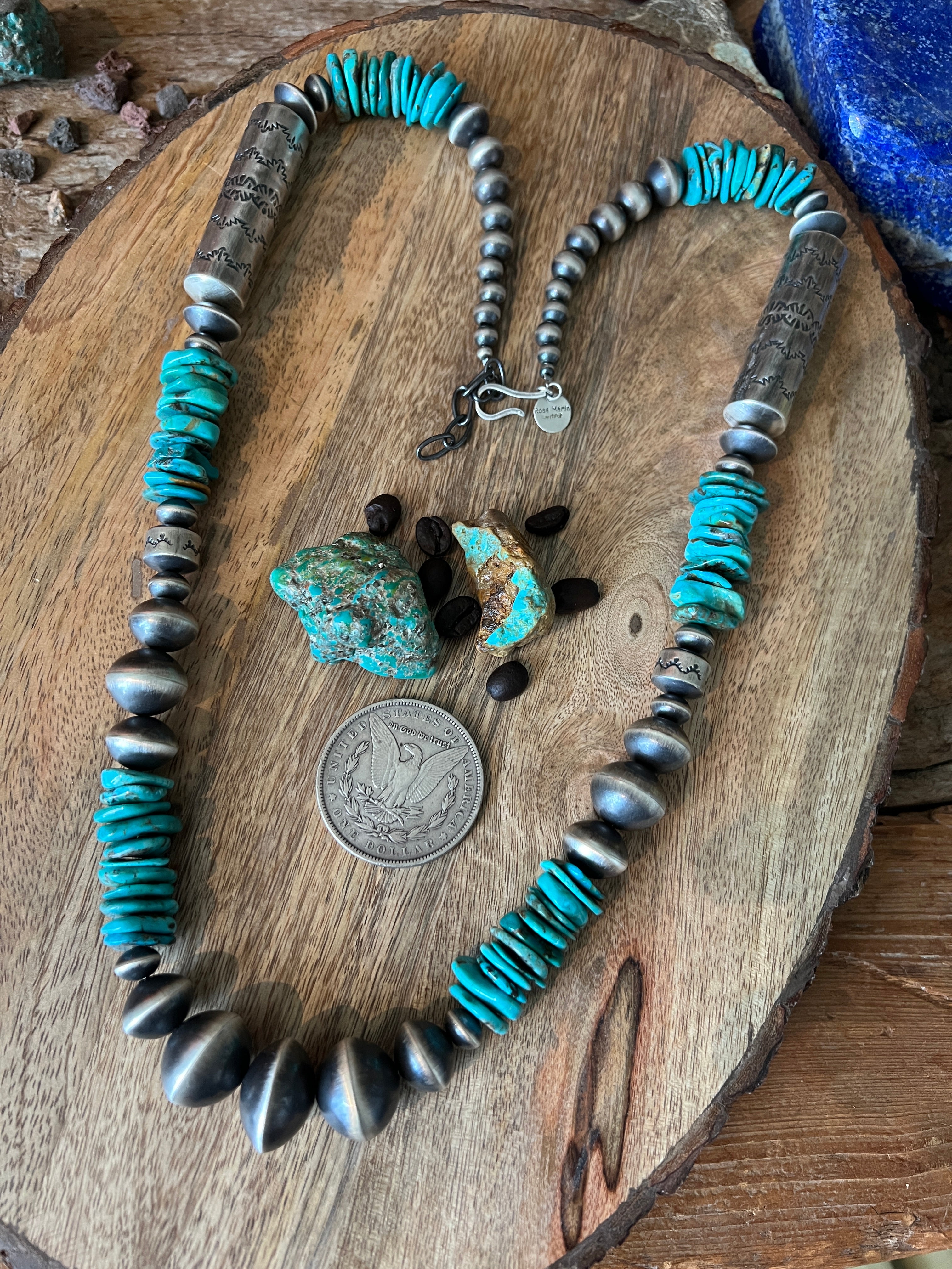 Handcrafted Sterling Silver and Kingman Turquoise Beaded Necklace by Rose Martin, 31 + 1-1/2 inches