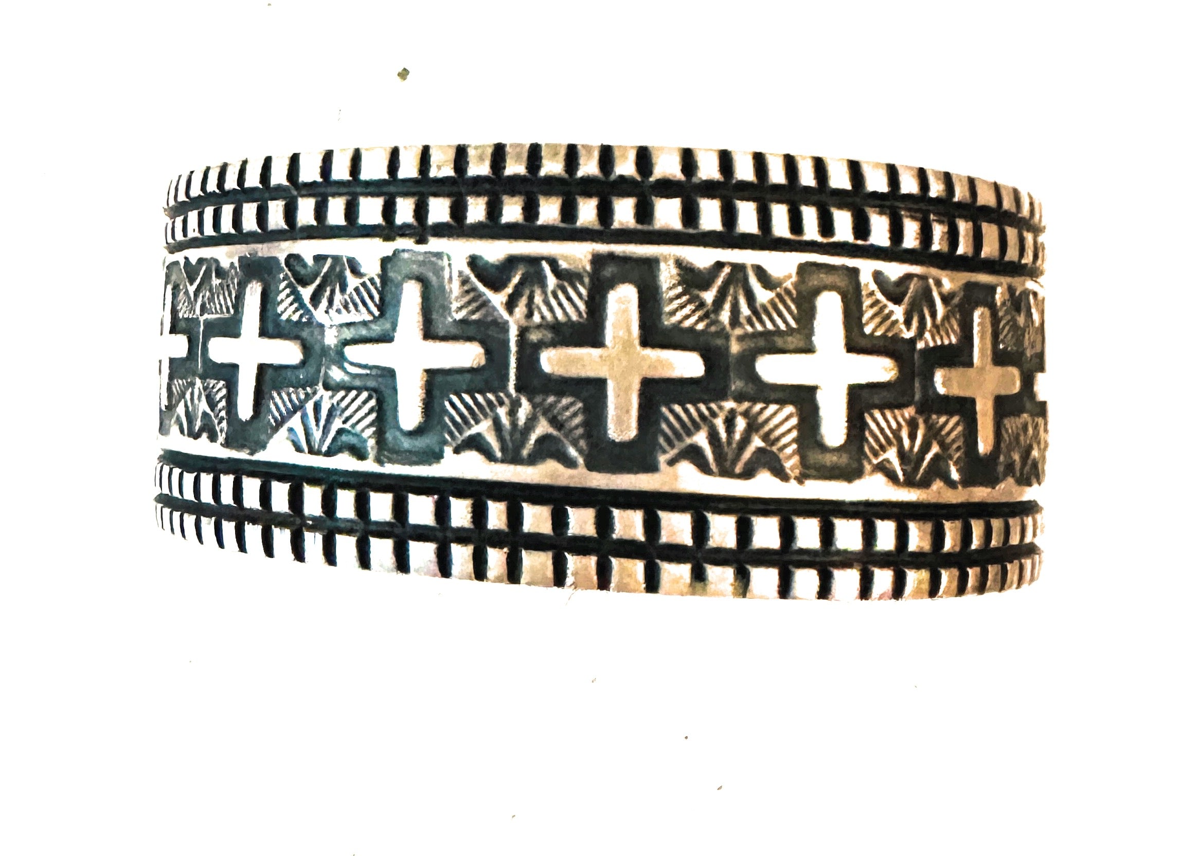 Navajo Hand Stamped Sterling Silver Cross Cuff Bracelet By Elvira Bill