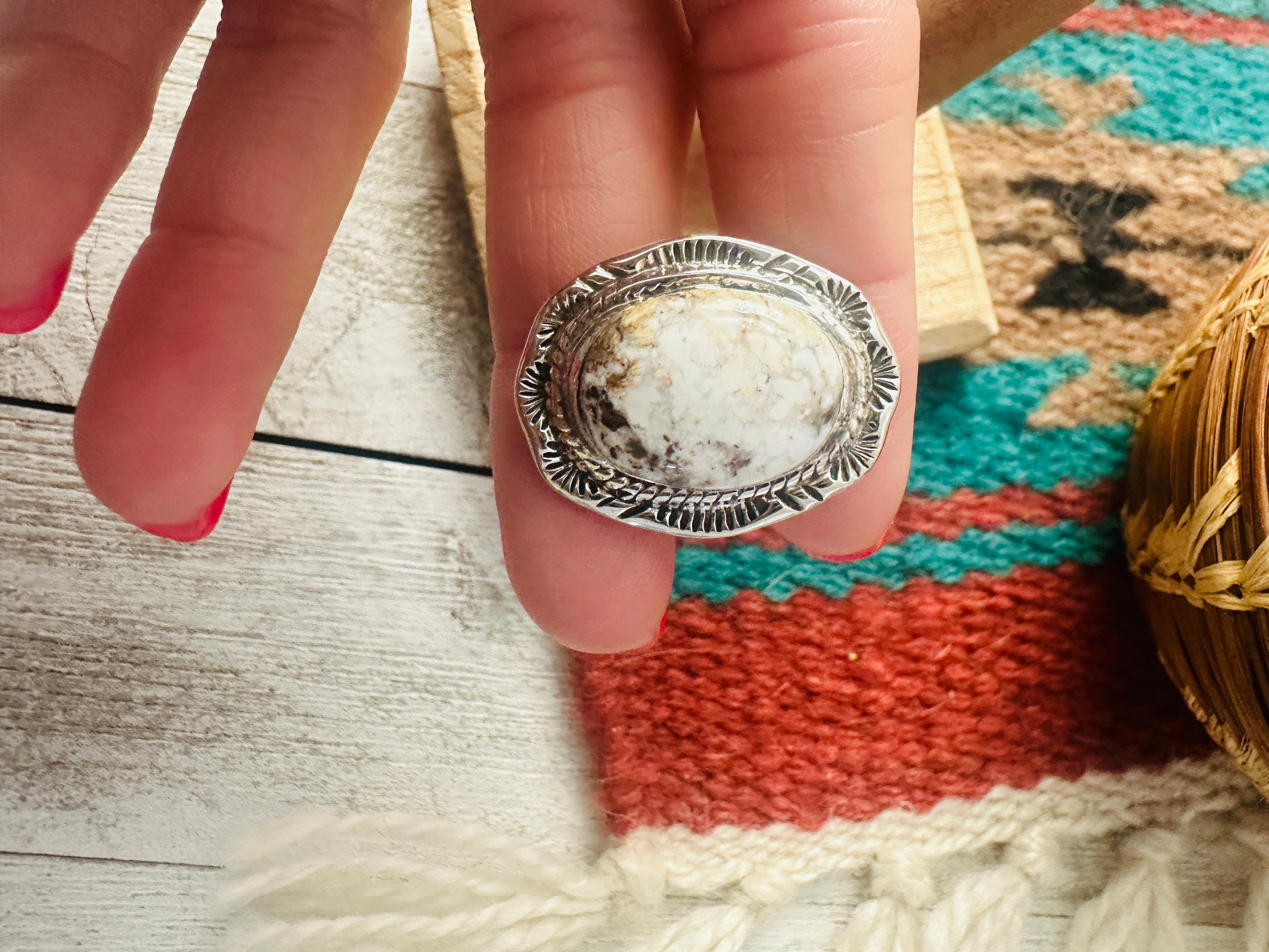 Navajo Sterling Silver And White Buffalo Ring Size 6