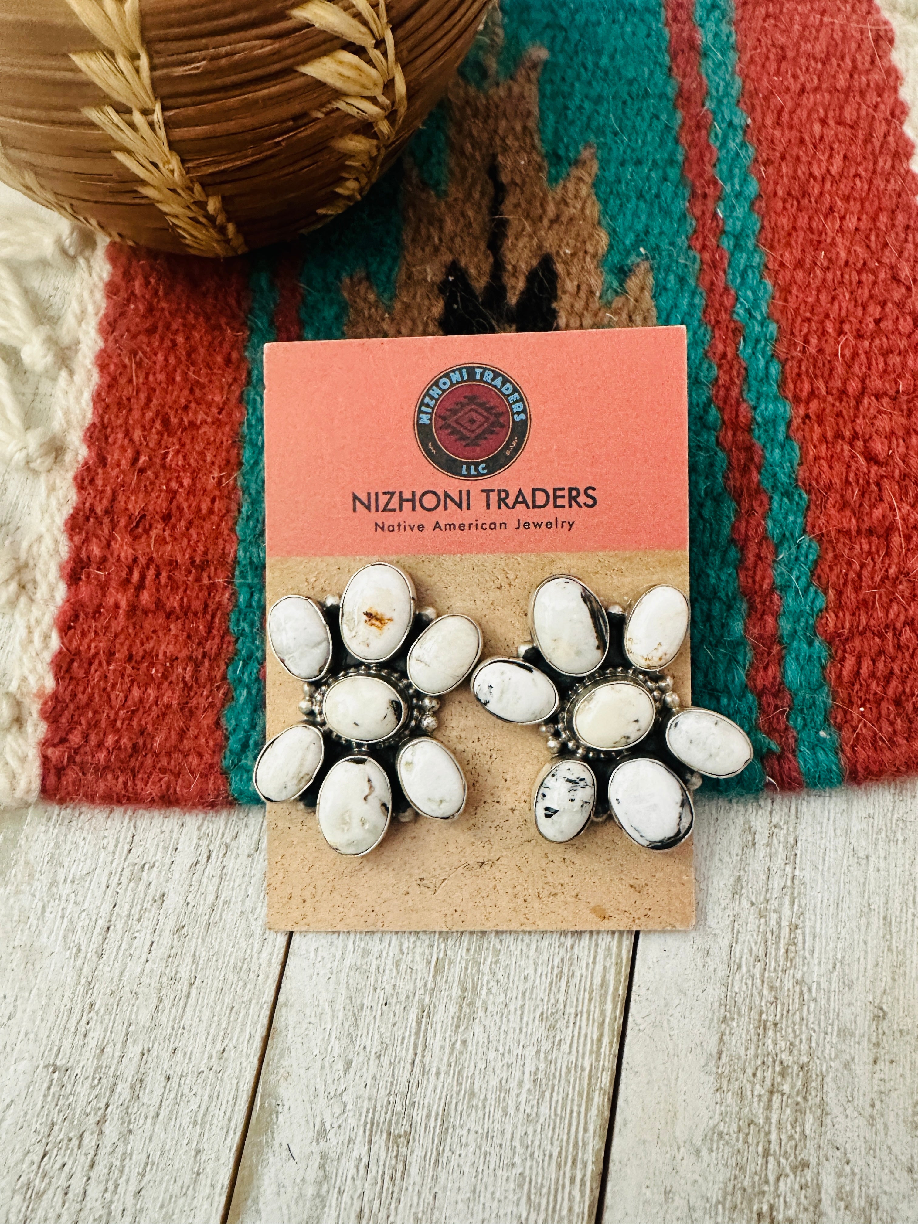 Navajo White Buffalo & Sterling Silver Cluster Post Earrings