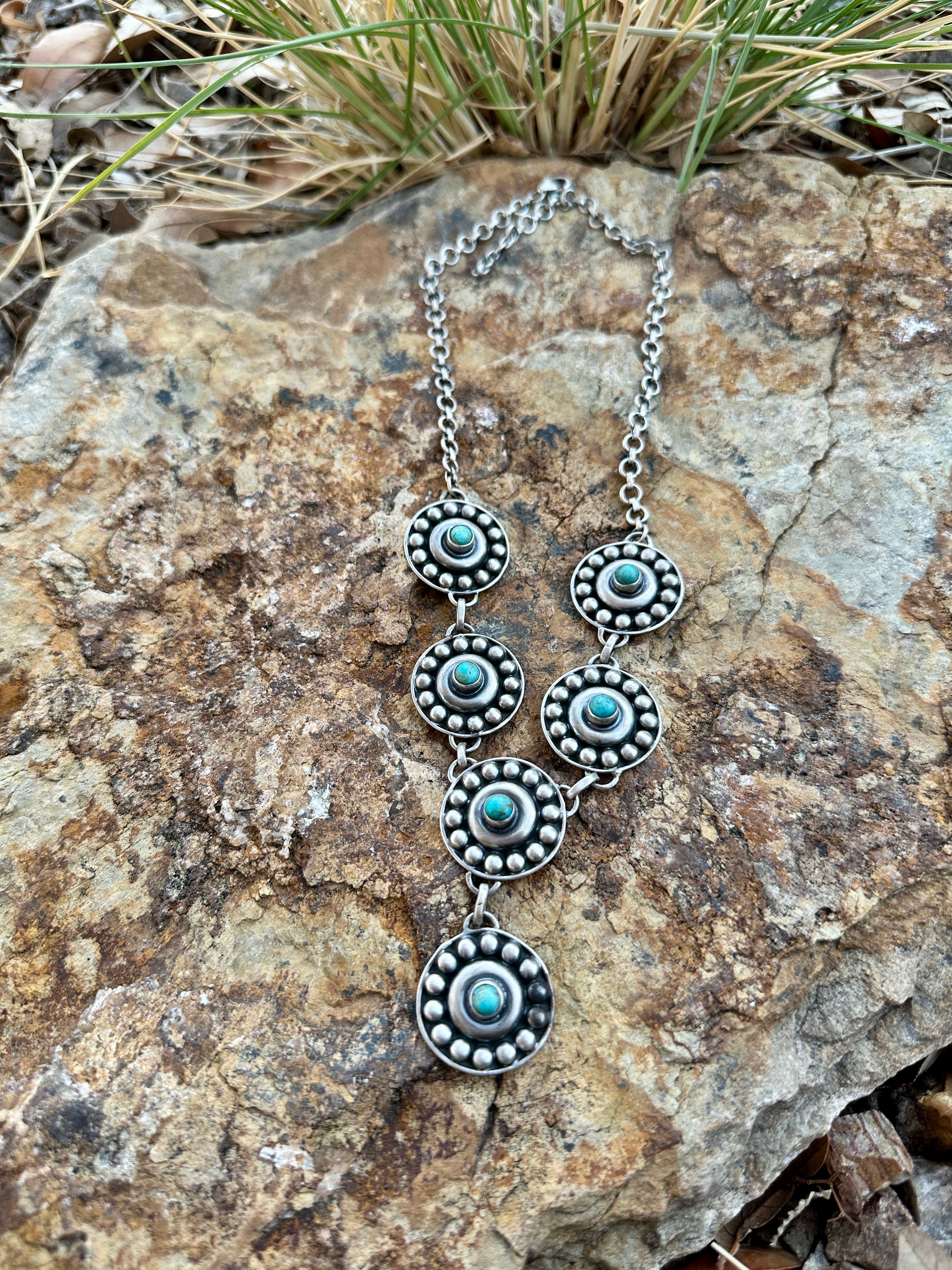 Handmade Turquoise & Sterling Silver Concho Lariat Necklace