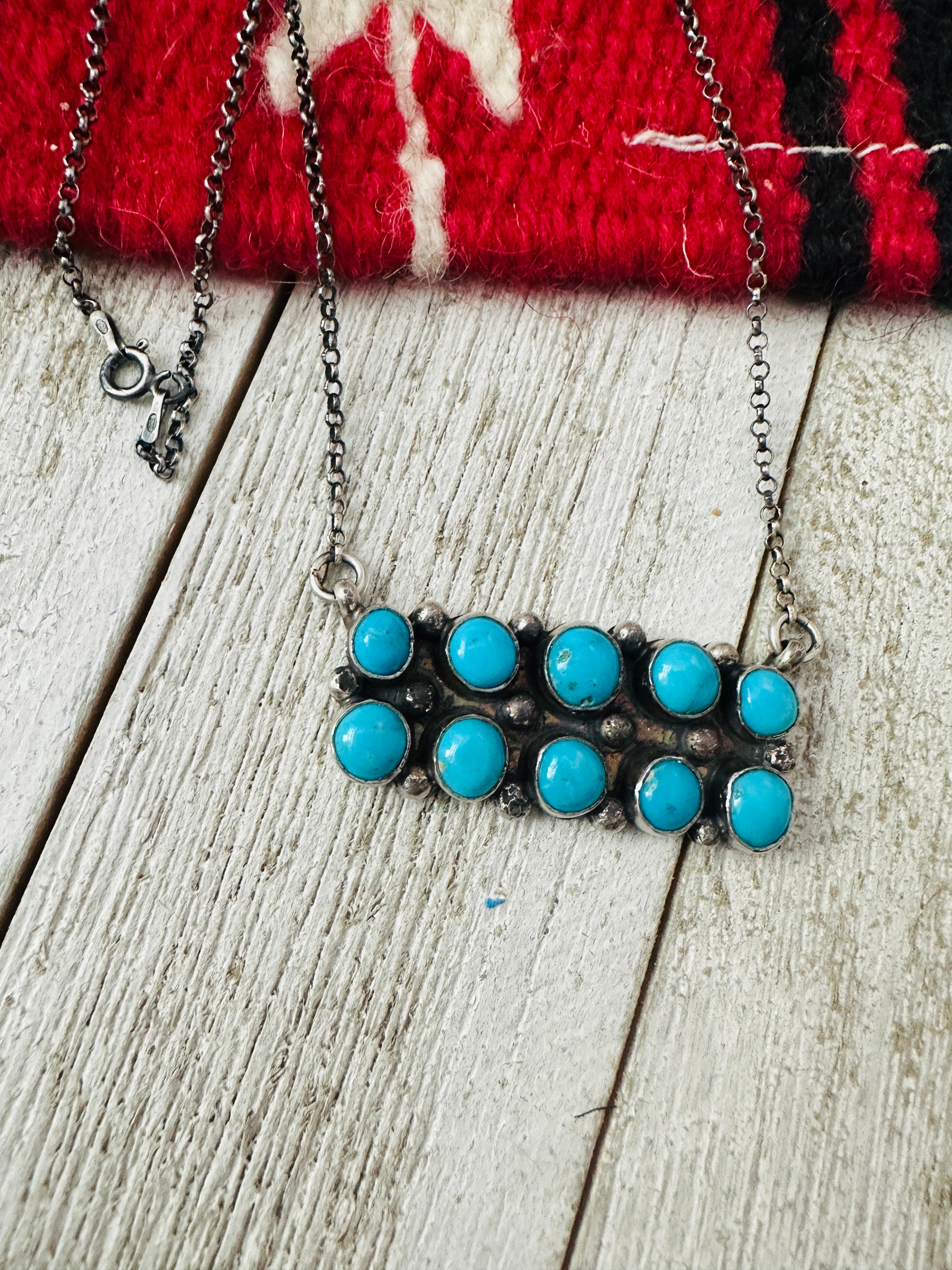 Navajo Sterling Silver & Turquoise Cluster Bar Necklace