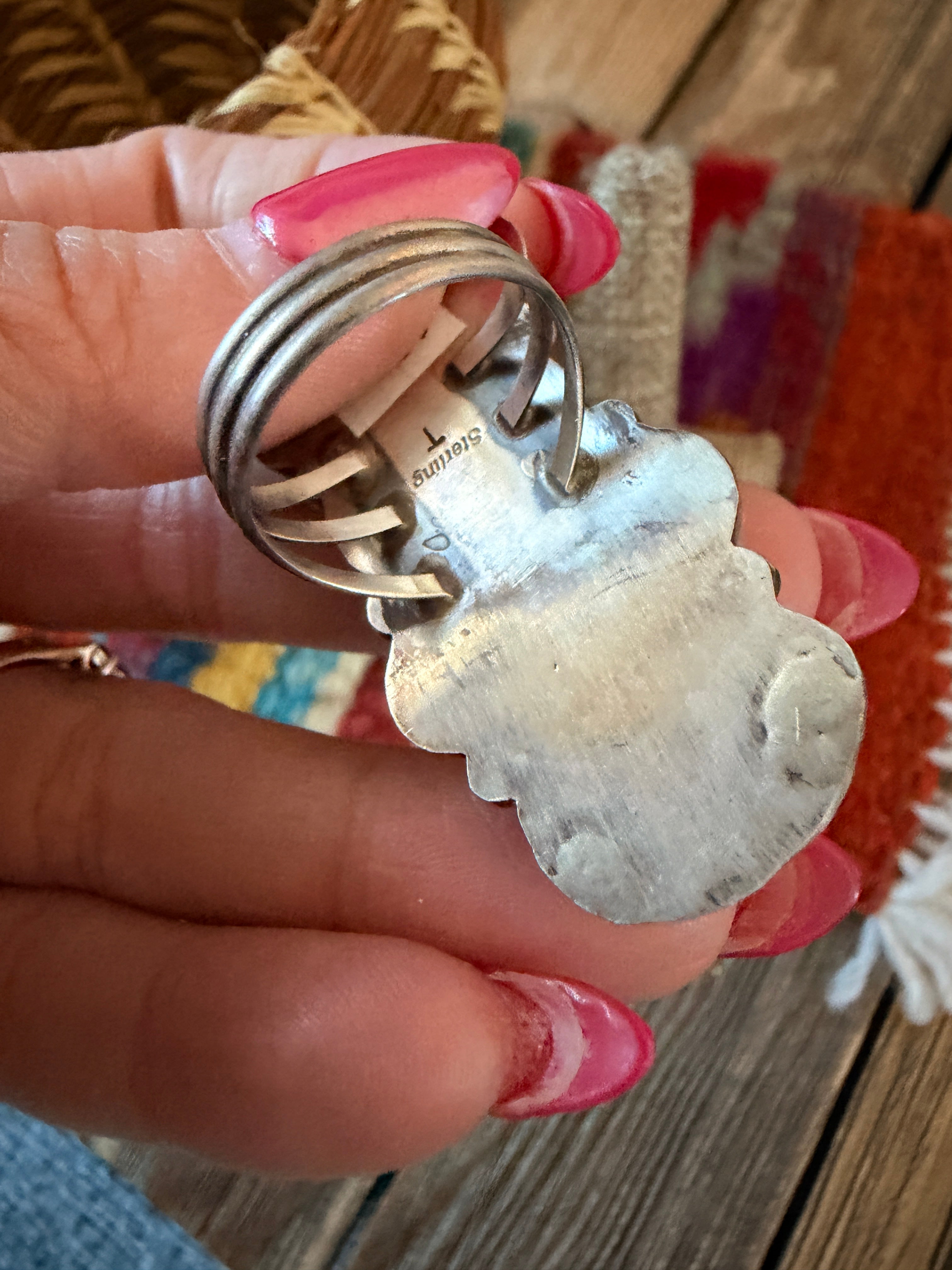 Handcrafted Turquoise & Sterling Silver Cluster Ring Size 8