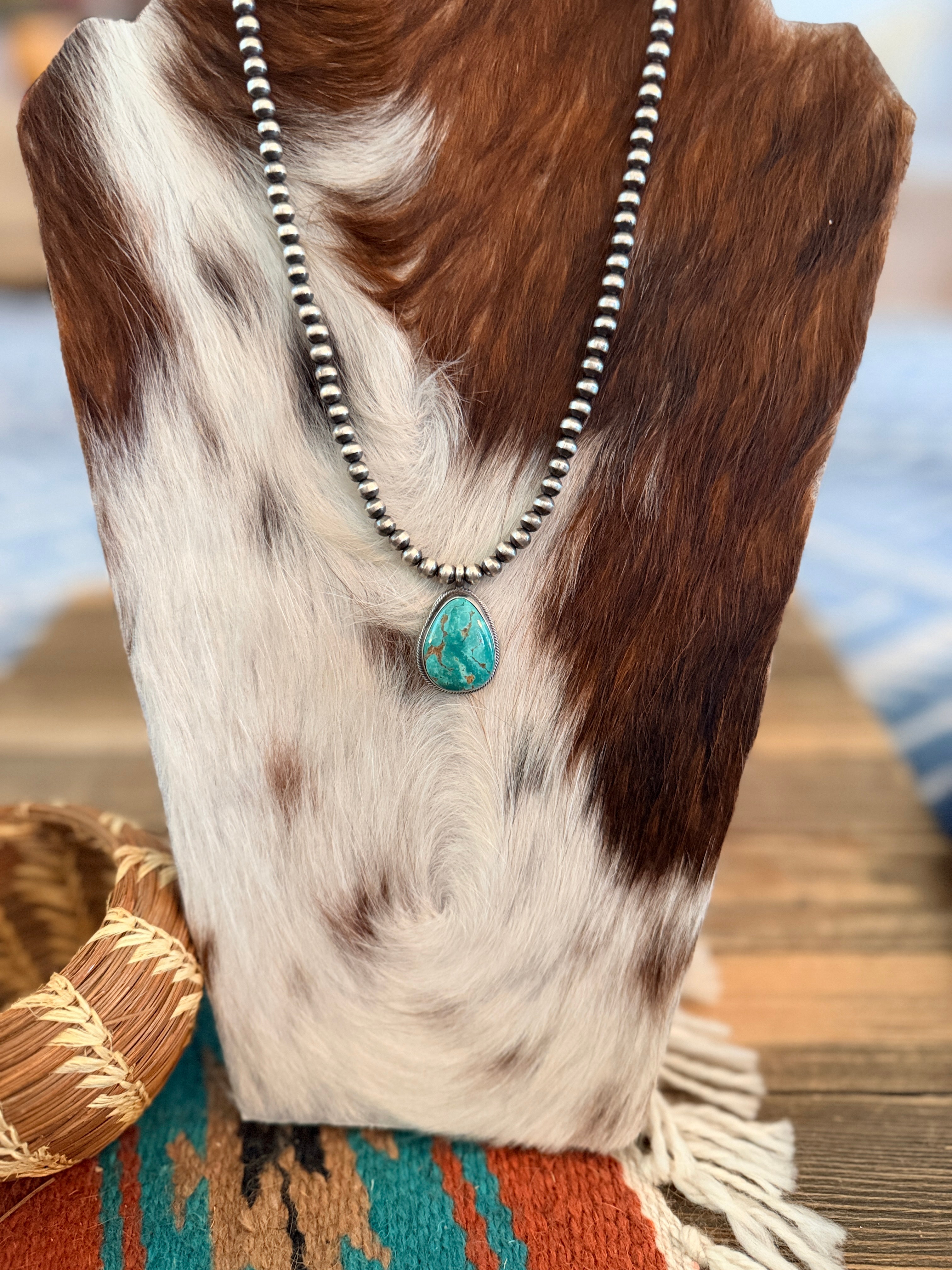 Handcrafted Turquoise & 5mm Sterling Silver Pearl 18” Beaded Necklace