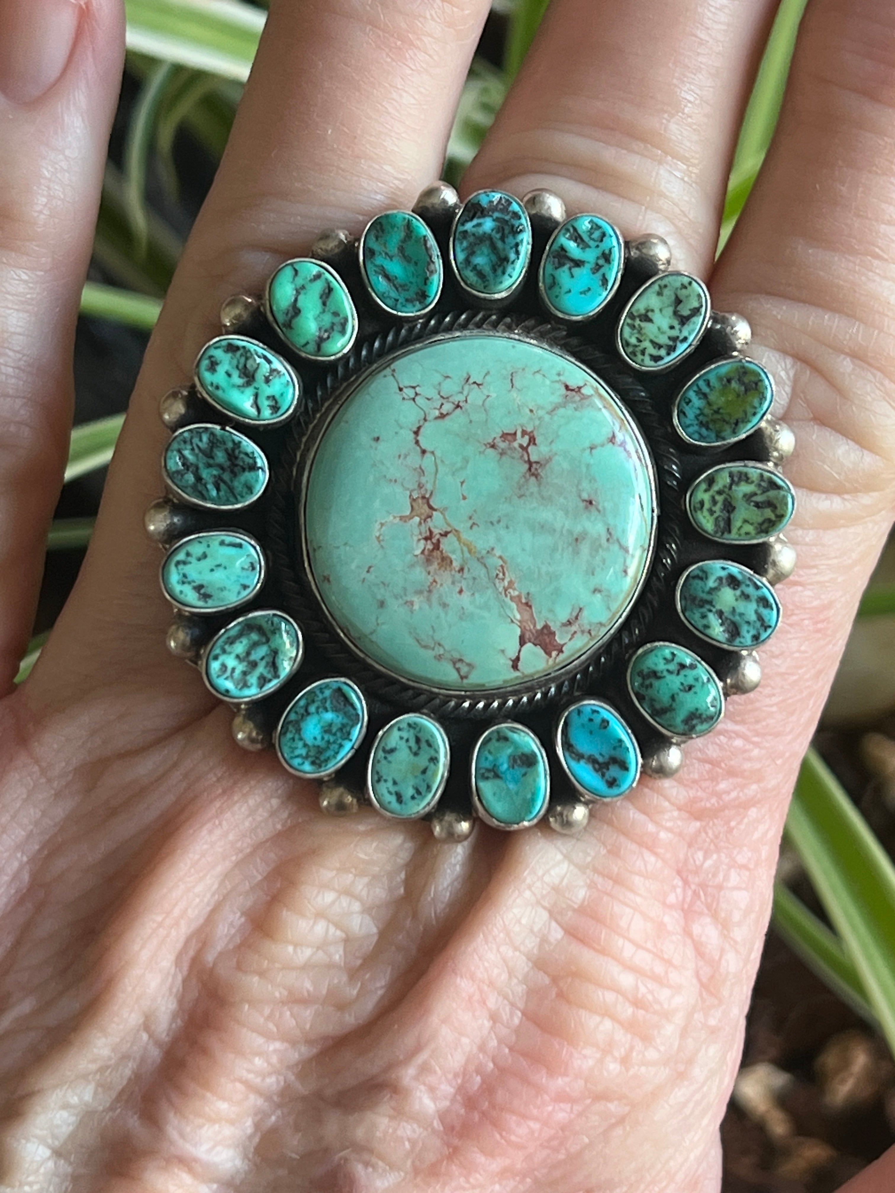 Handcrafted Sterling Silver Around The World Kingman Cluster Ring by Blaine Yellowhorse, Size 7.5