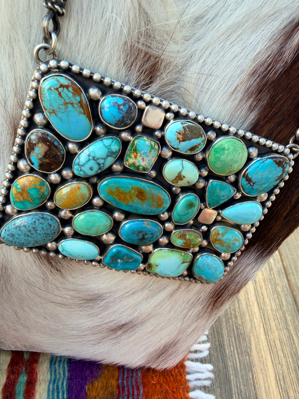 Handcrafted Multi Turquoise & Sterling Silver Cluster Necklace by Charles Jobnson