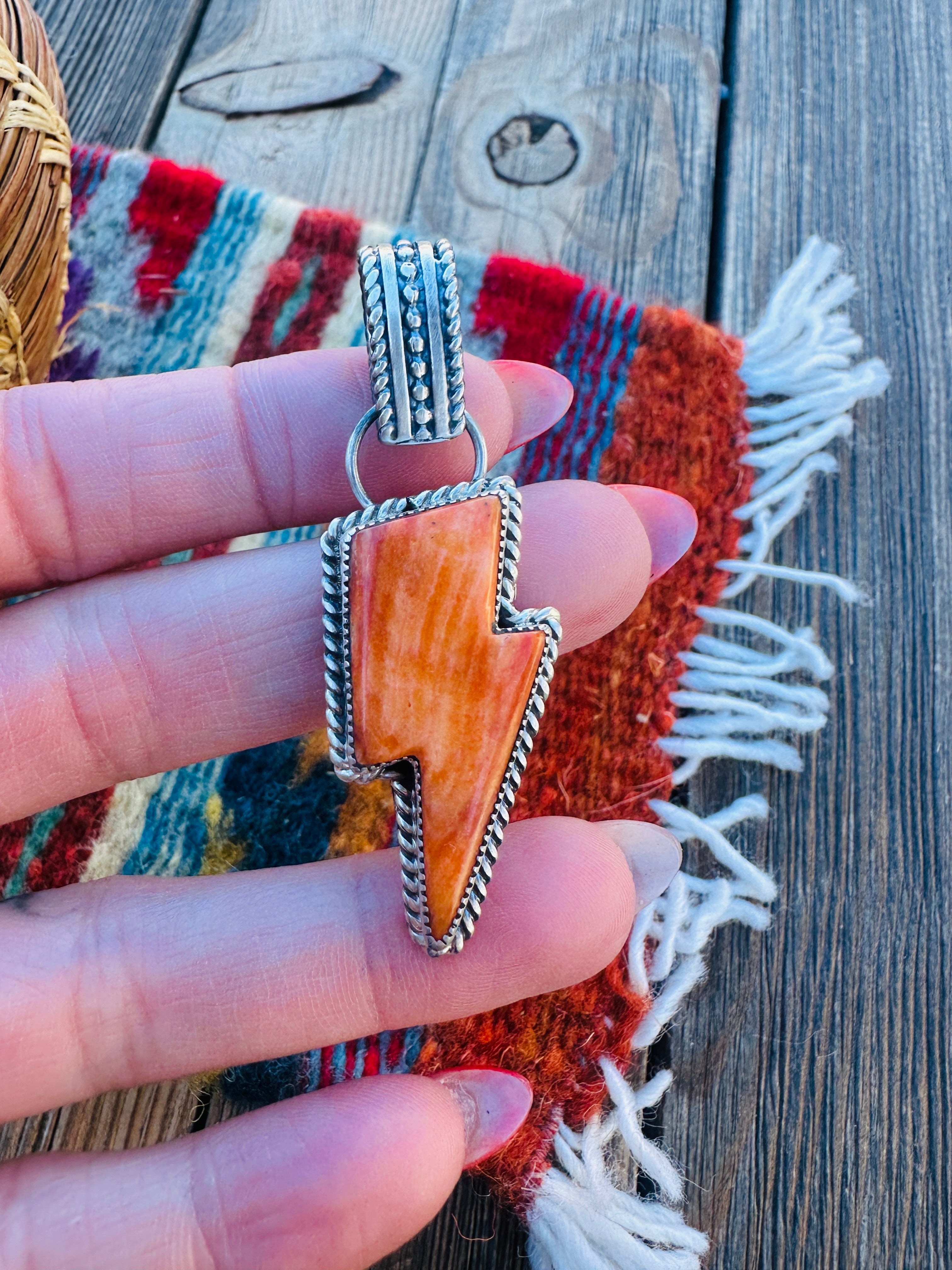 Handcrafted Spiny Oyster & Sterling Silver Lightning Bolt Pendant by Tatum Skeets