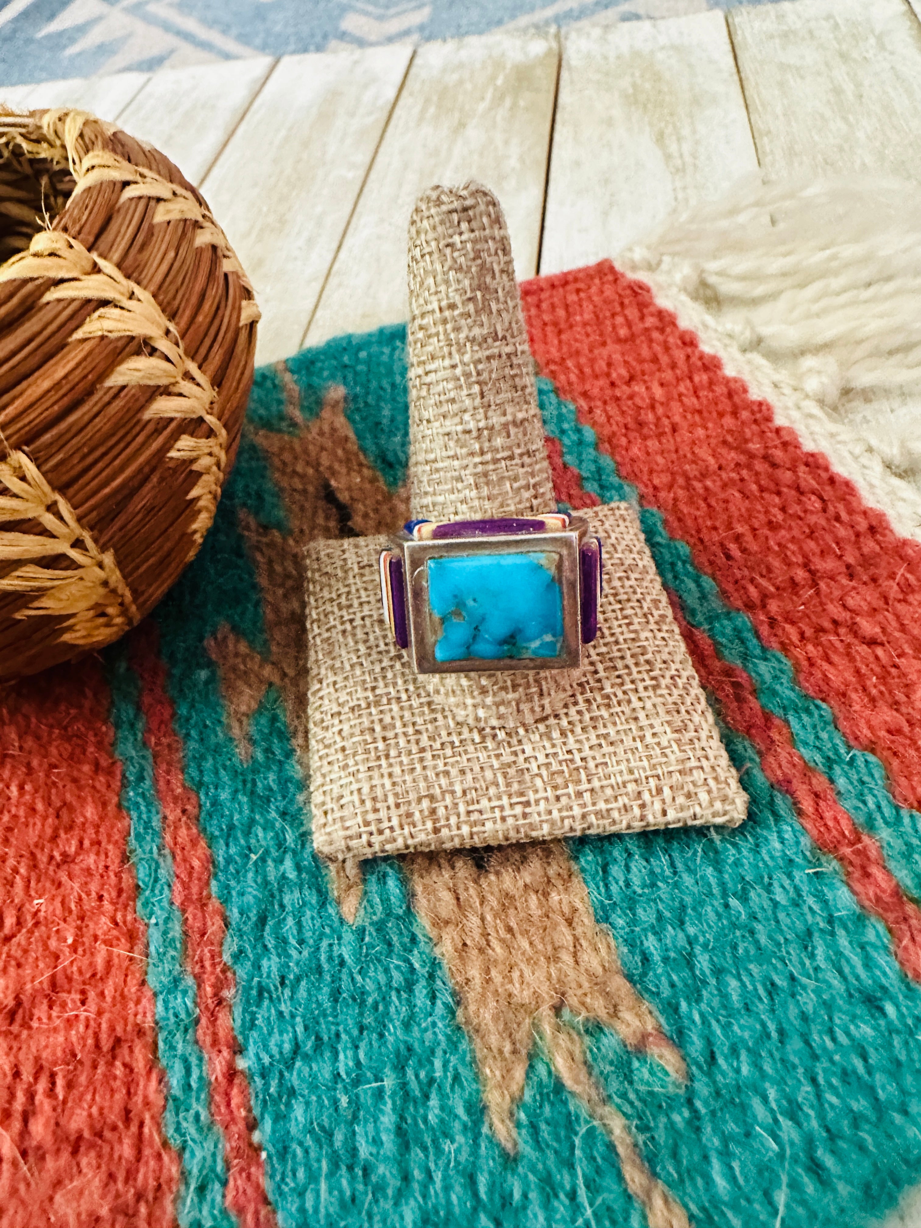 Old Pawn Handcrafted Multi Stone & Sterling Silver Inlay Ring Size 10.75