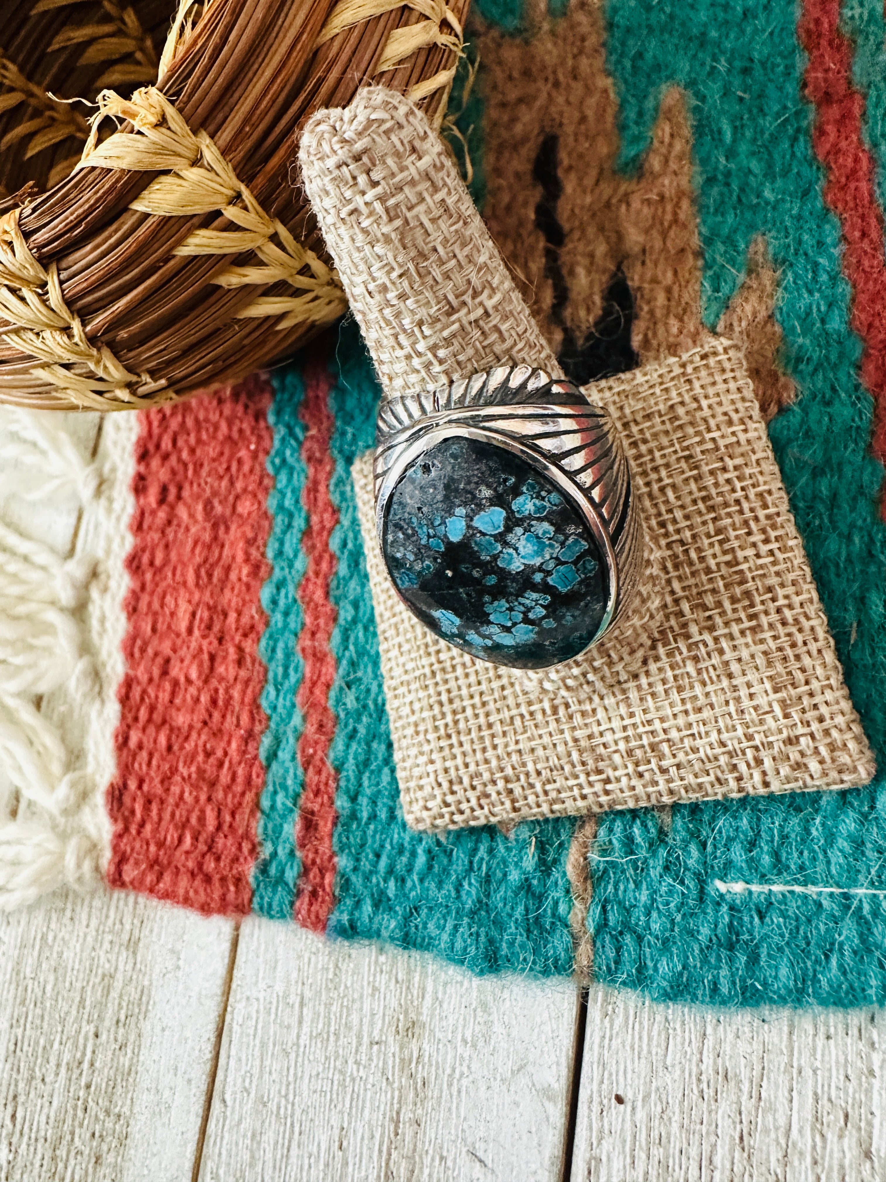 Old Pawn Navajo Sterling Silver & Kingman Web Turquoise Men’s Ring Size 10