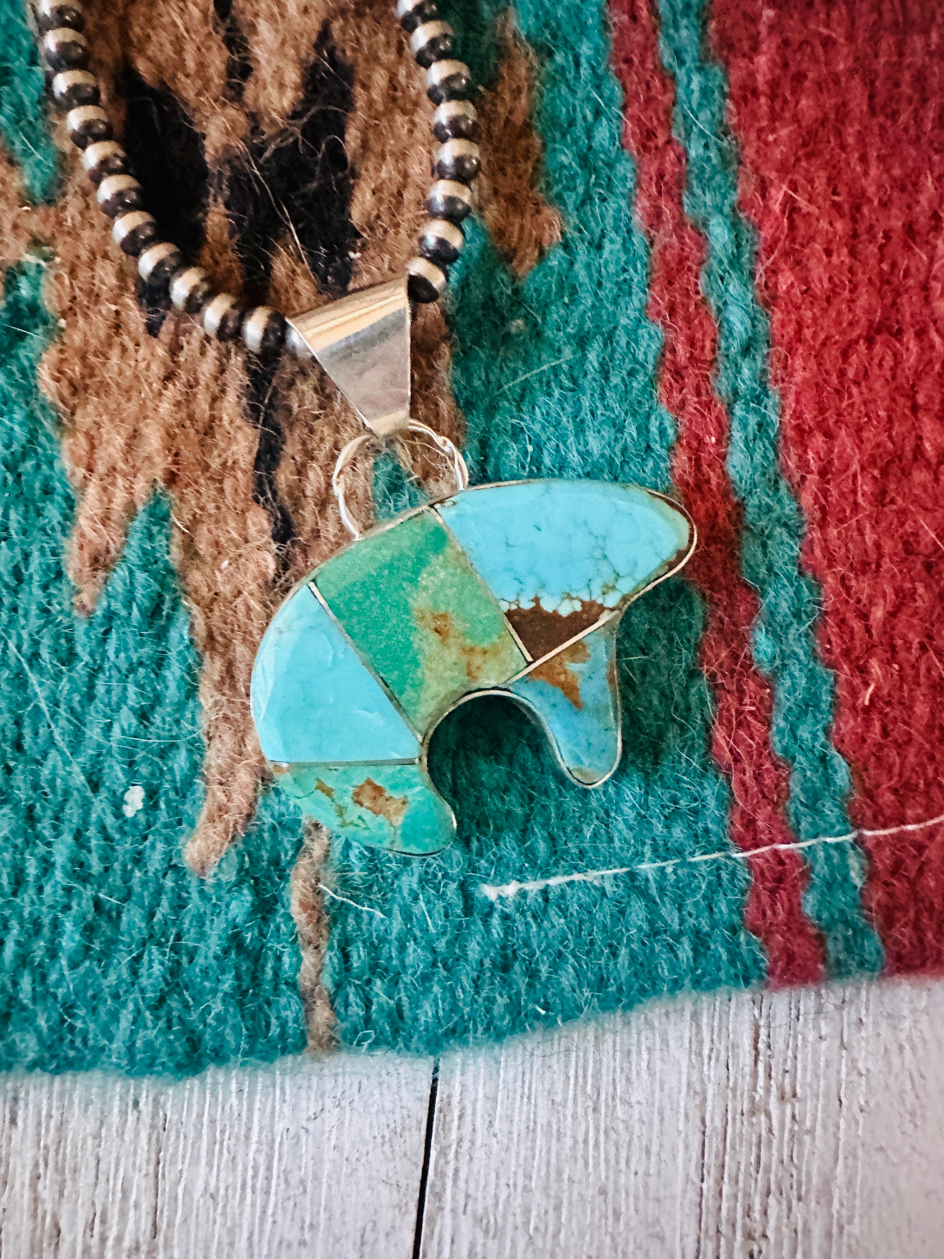 Navajo Turquoise & Sterling Silver Inlay Fetish Bear Pendant