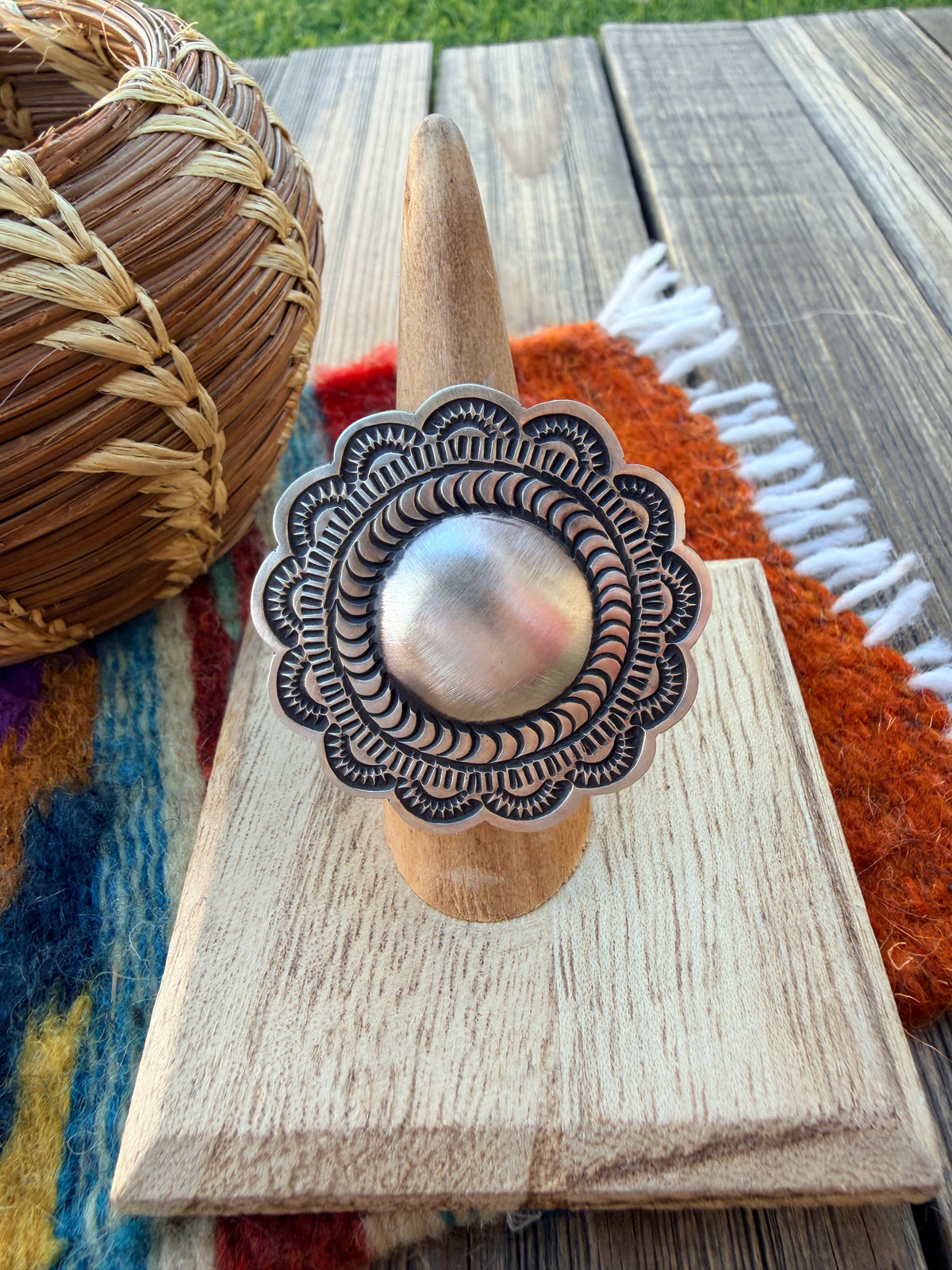 Handcrafted Sterling Silver Adjustable Concho Ring by Leander Tahe