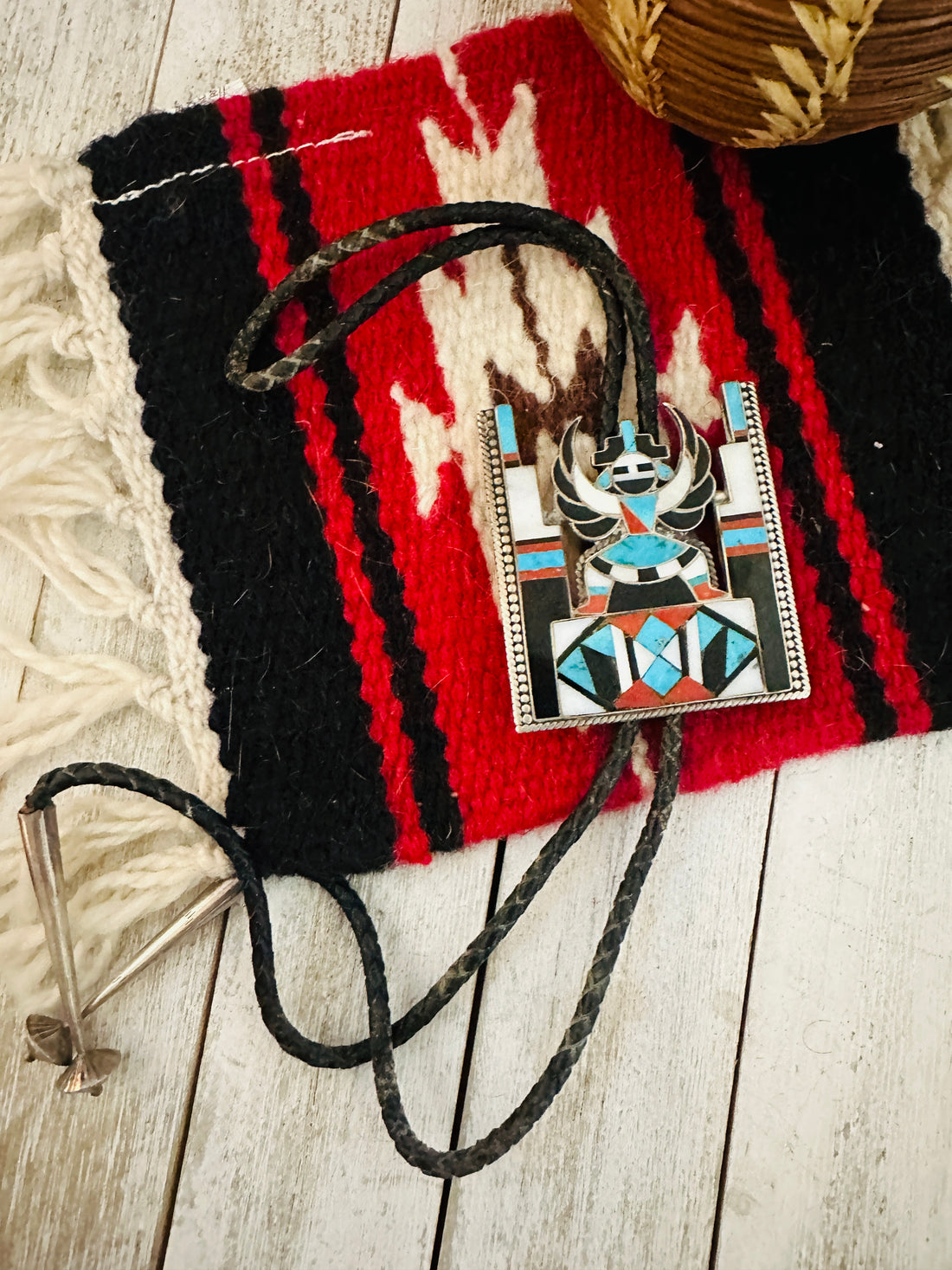 Vintage Old Pawn Handcrafted Multi Stone & Sterling Silver Inlay Knifewing Bolo Tie