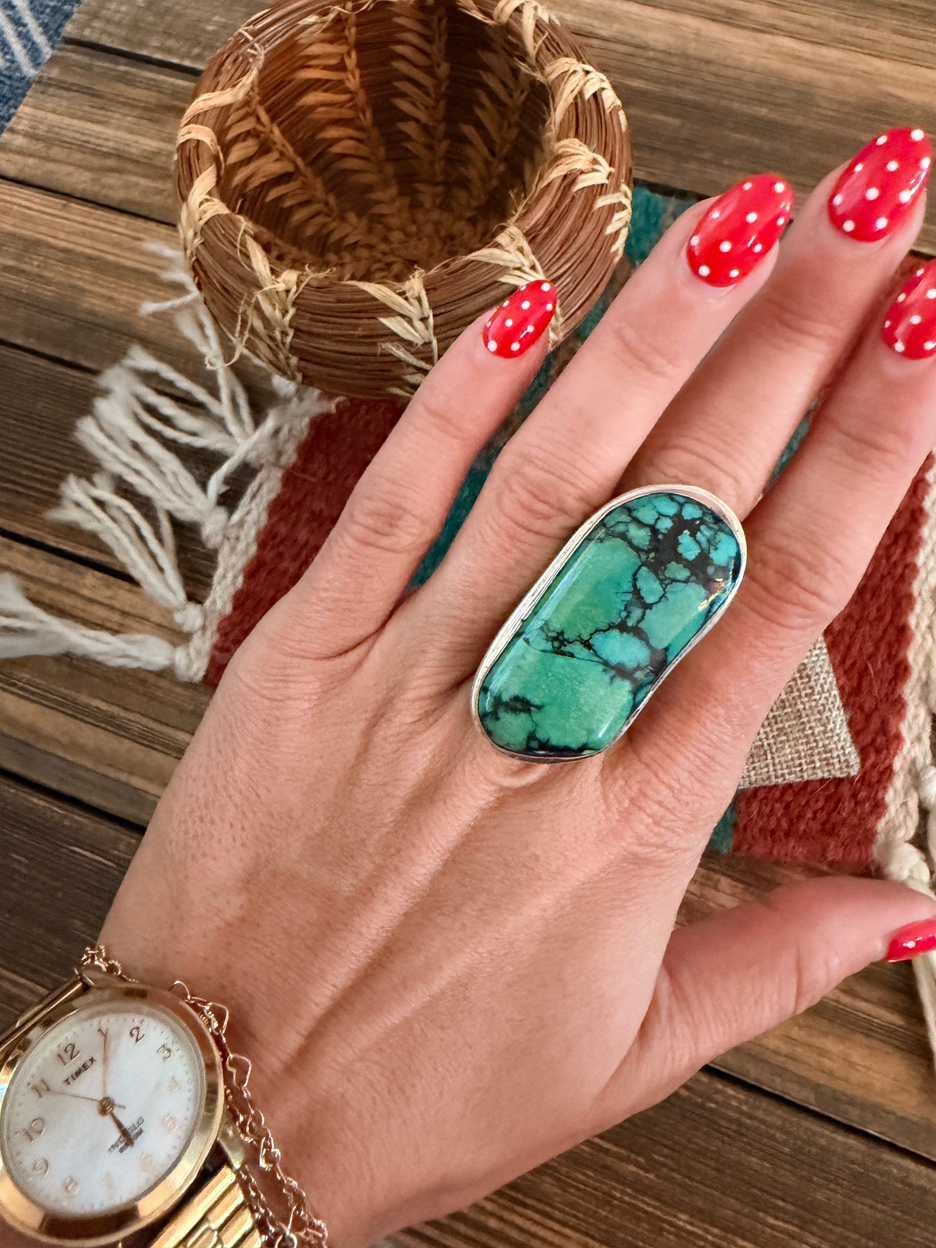 Old Pawn Handcrafted Chinese Spiderweb Turquoise & Sterling Silver Ring Size 8