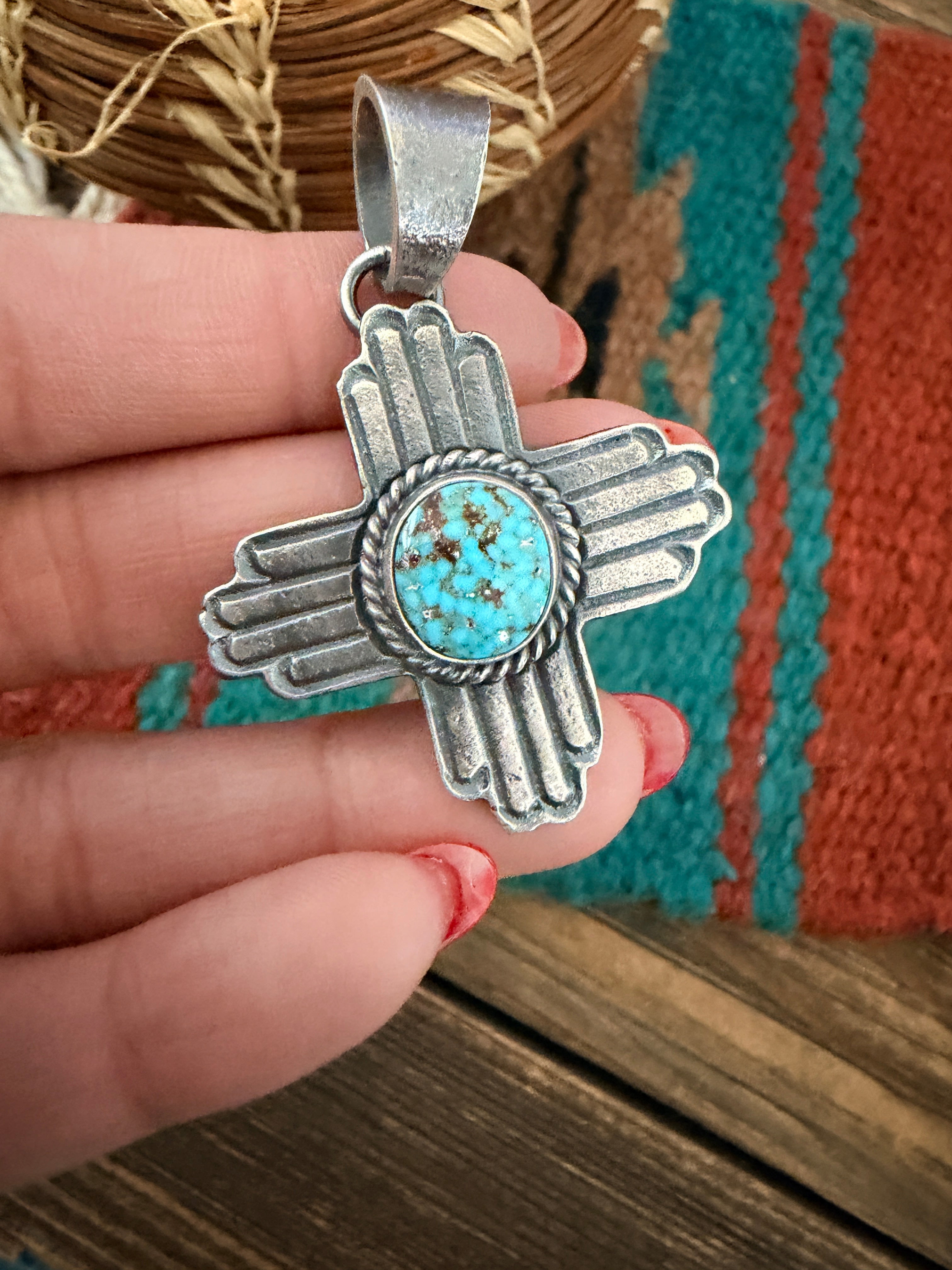 Handcrafted Sterling Silver & Turquoise Zia Cross Pendant by Kevin Billah