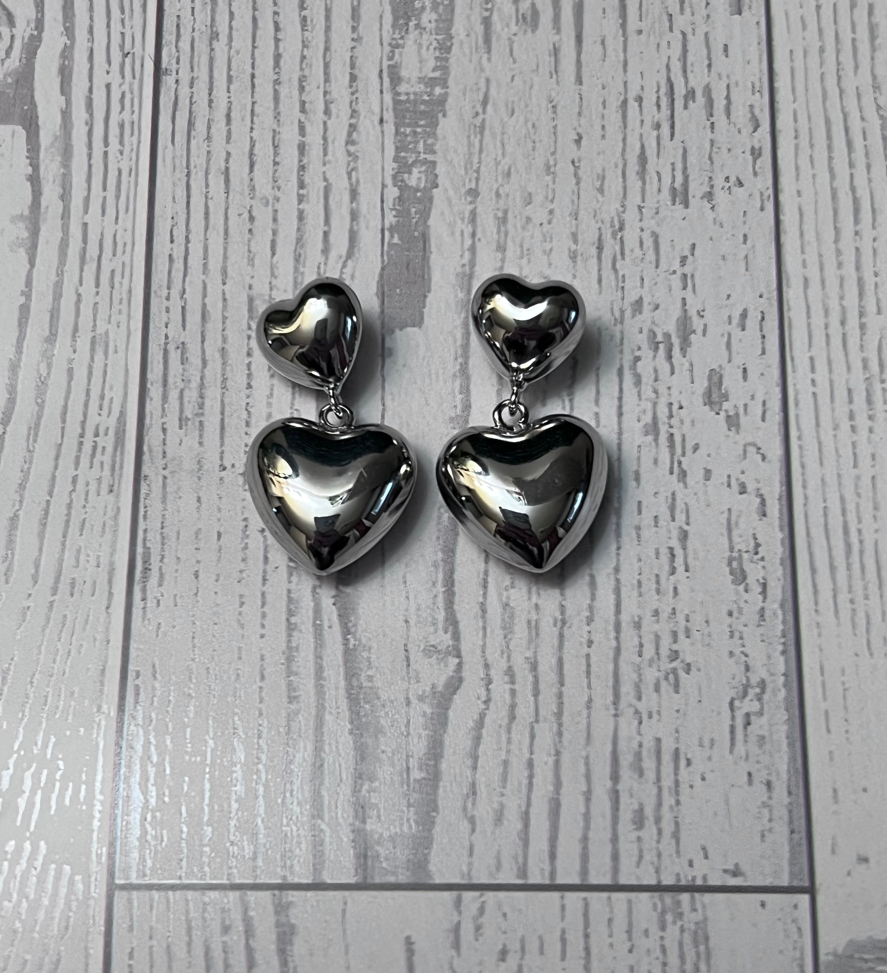 Silver Plated Puffy Heart Dangle Post Earrings
