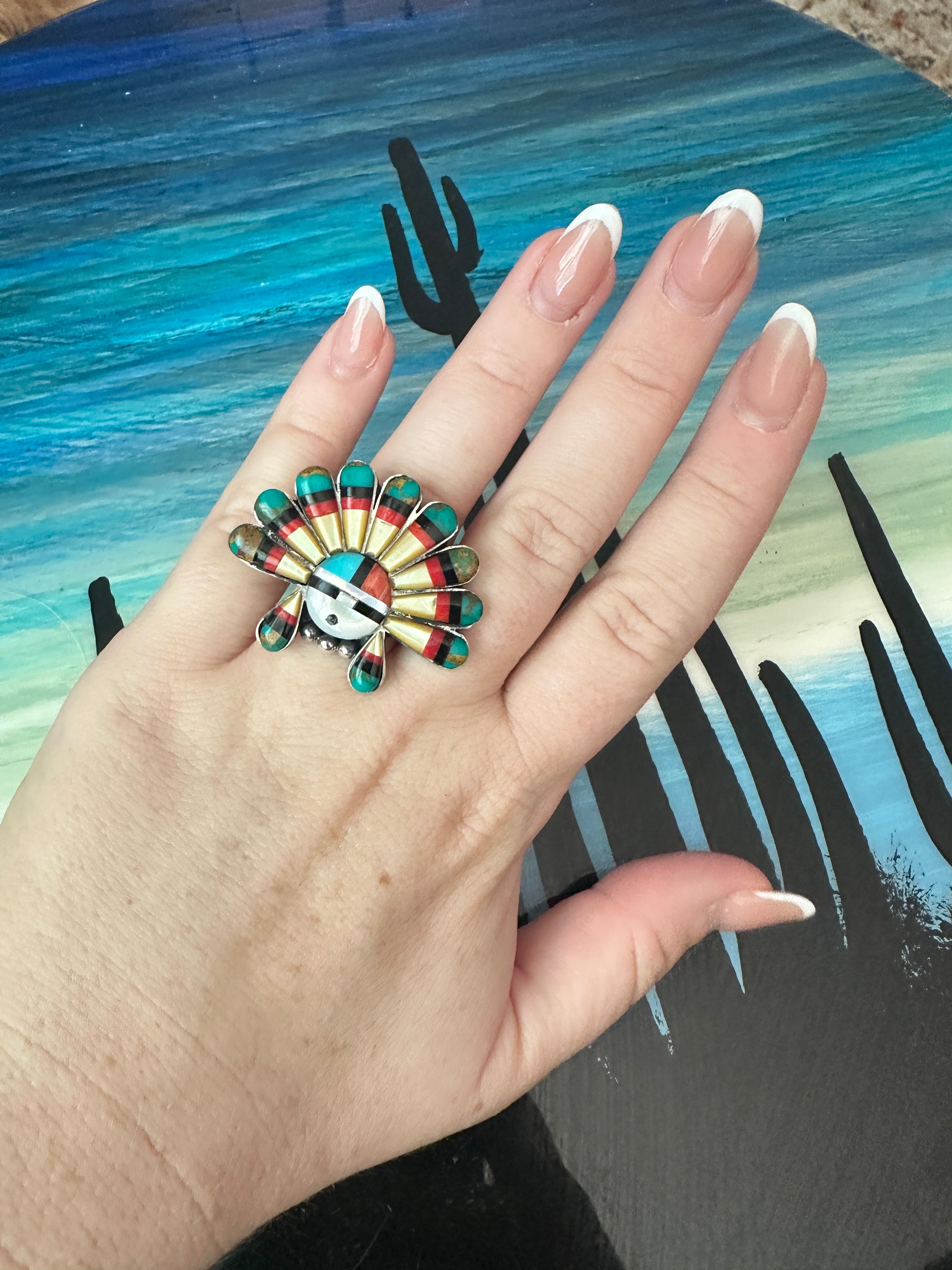 Handmade Multi Stone Southwestern Sunface And Sterling Silver Adjustable Ring