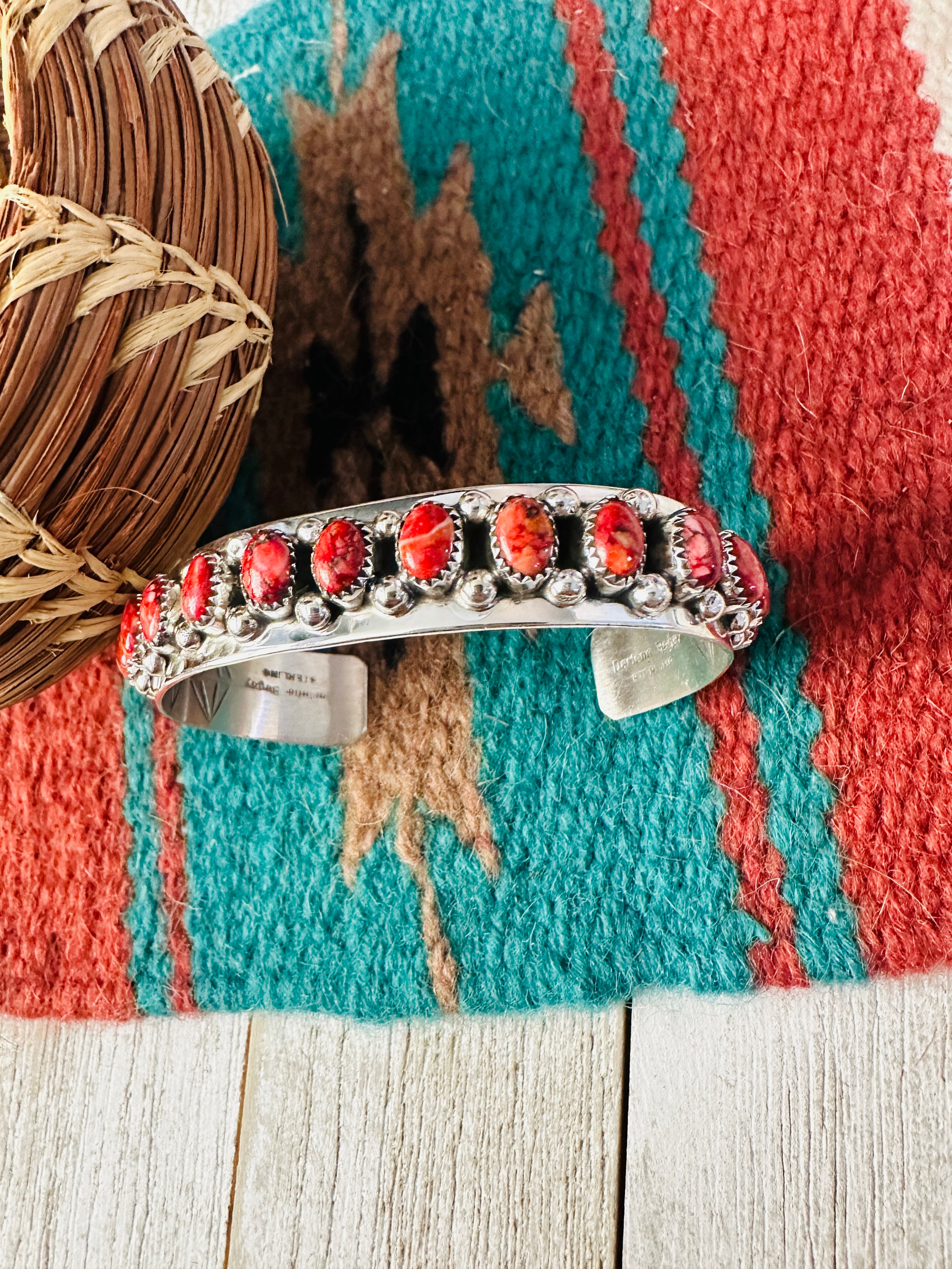 Navajo Red Spiny & Sterling Silver Cuff Bracelet by Darlene Begay