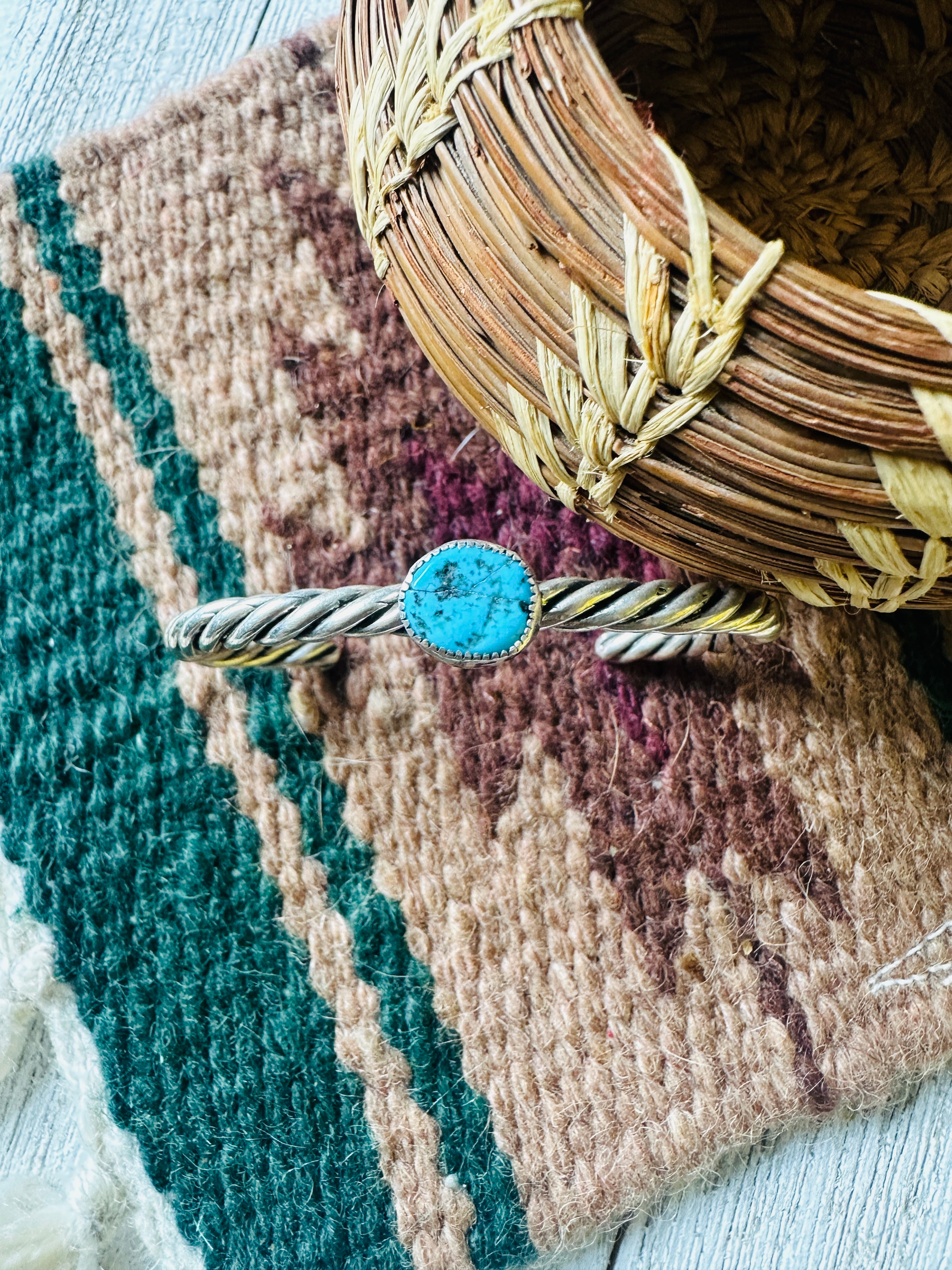 Navajo Twisted Sterling Silver & Kingman Turquoise Cuff Bracelet