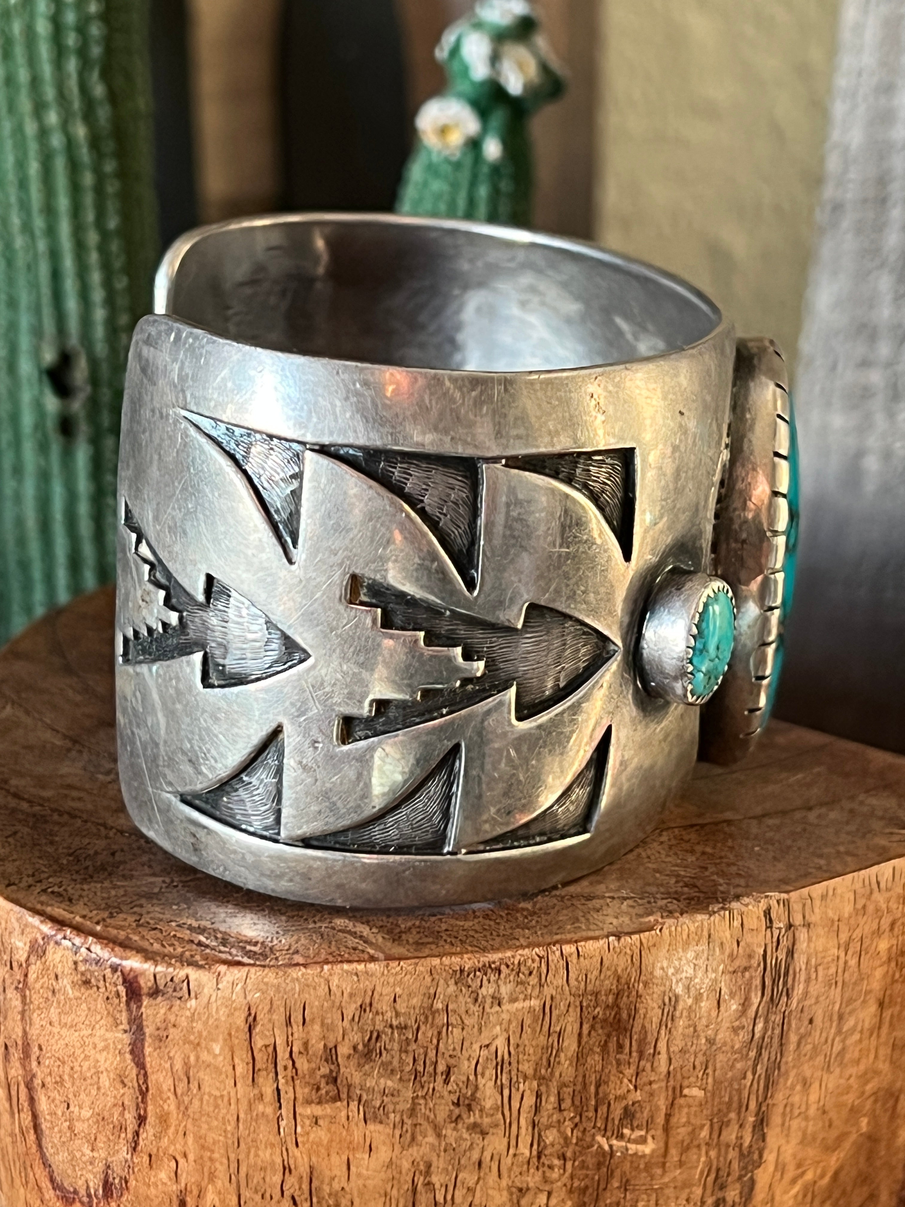 Vintage Old Pawn Sterling Silver and Morenci Turquoise Overlay Cuff Bracelet, Unsigned