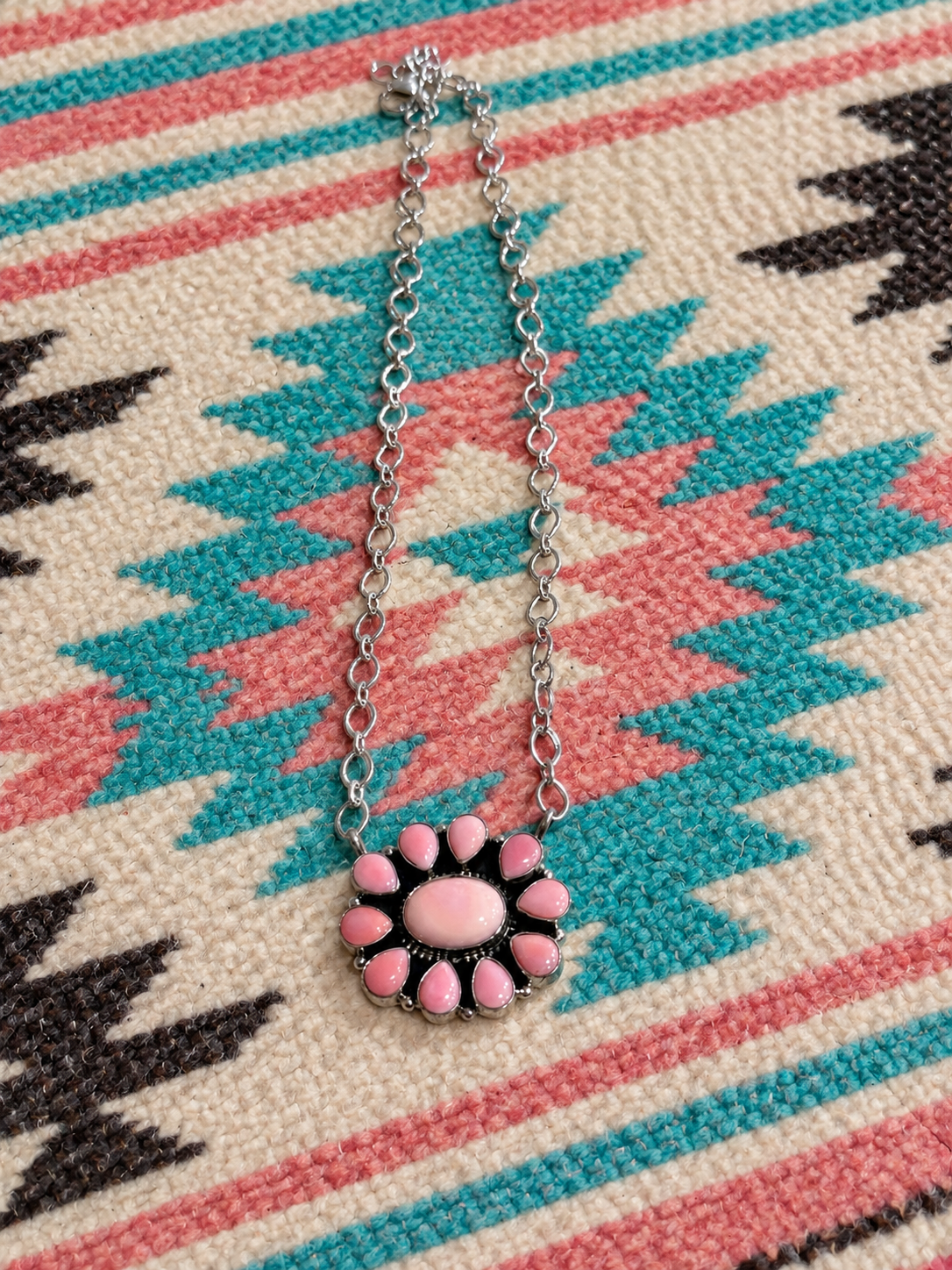 Handcrafted Queen Pink Conch Shell And Sterling Silver Necklace Signed Sheila- Darker Stone