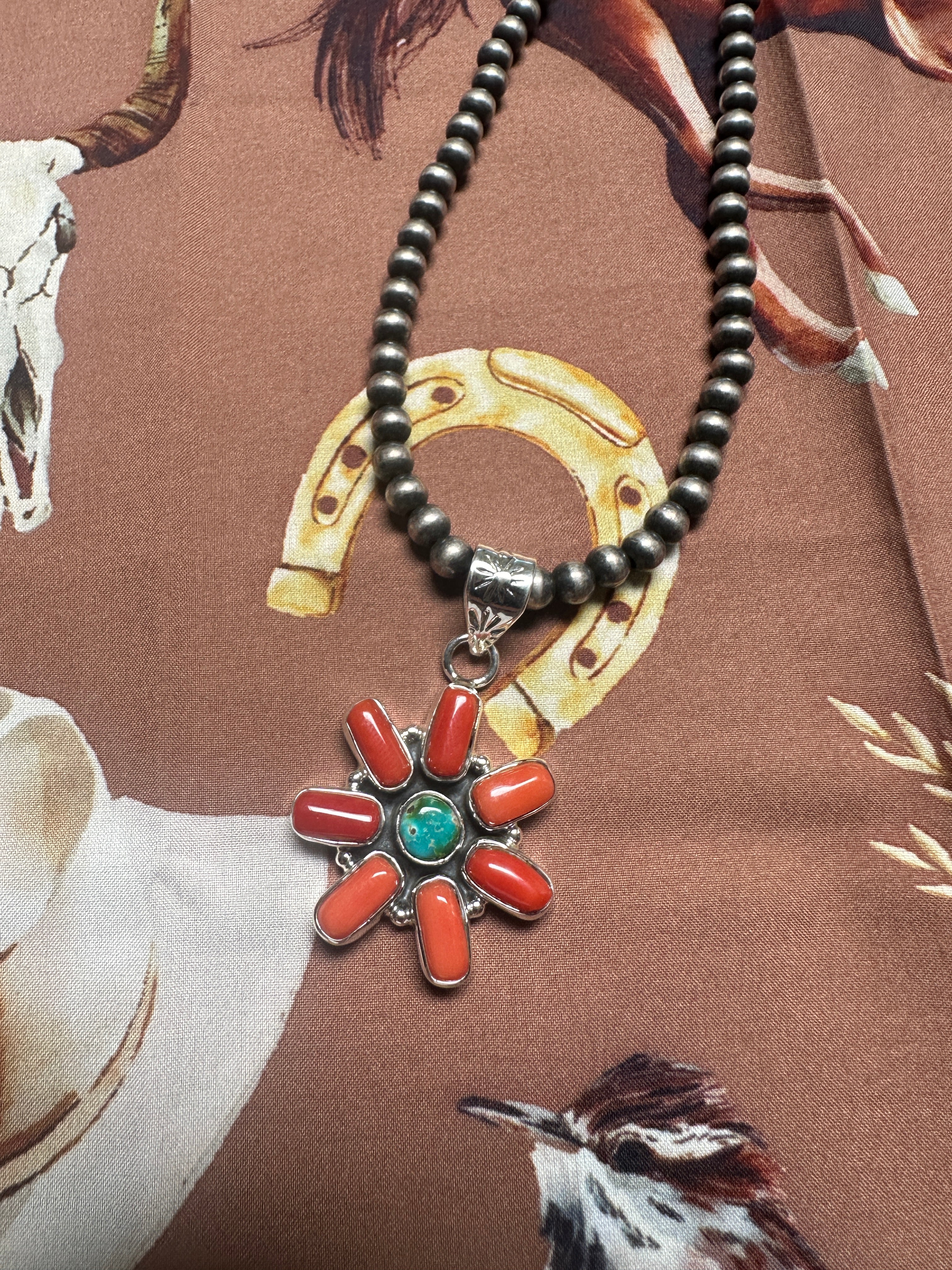 Beautiful Handmade Sterling Silver, Coral & Sonoran Mountain Turquoise Flower Pendant