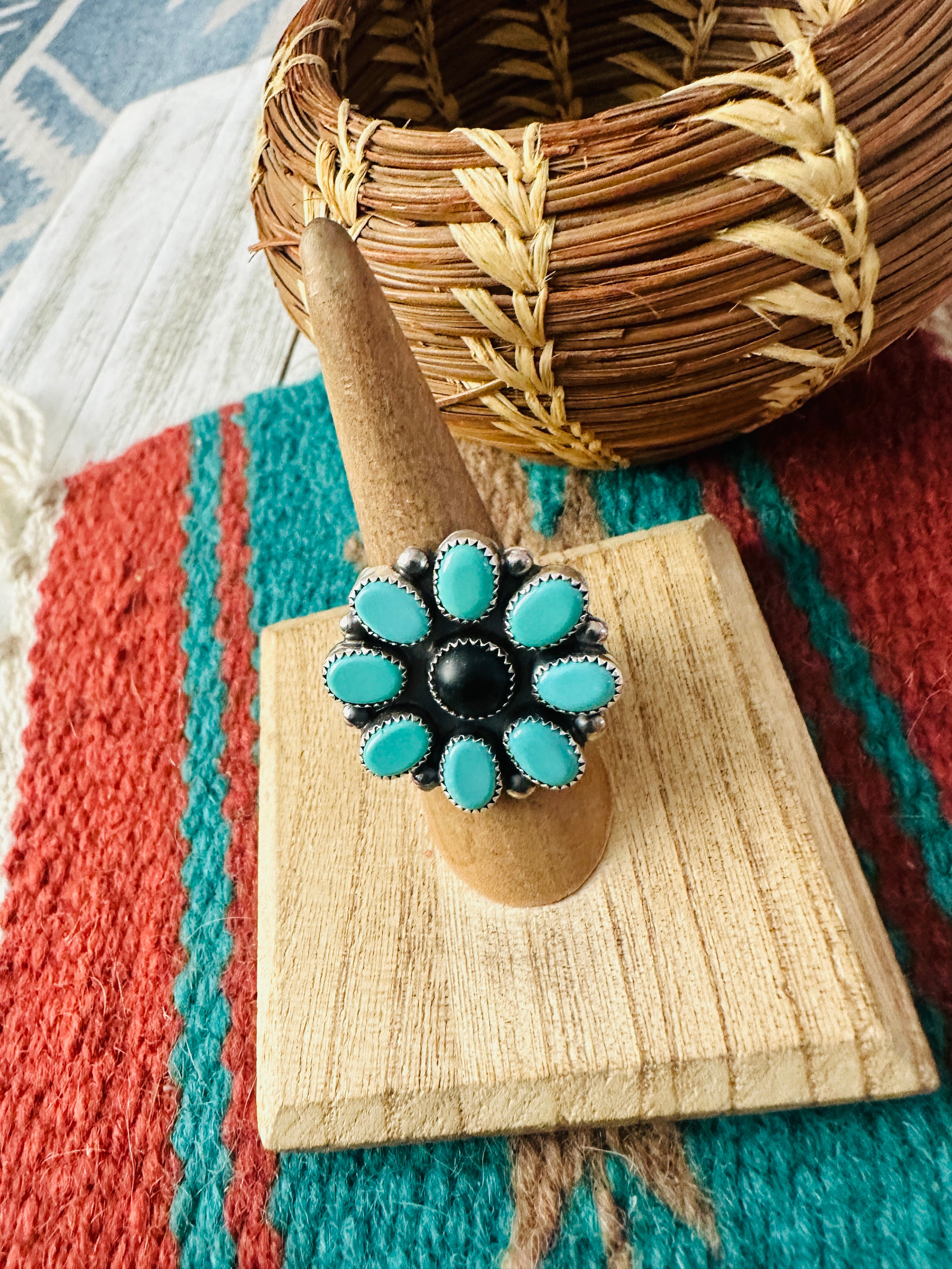 Navajo Sterling Silver, Turquoise & Onyx Cluster Ring Size 8