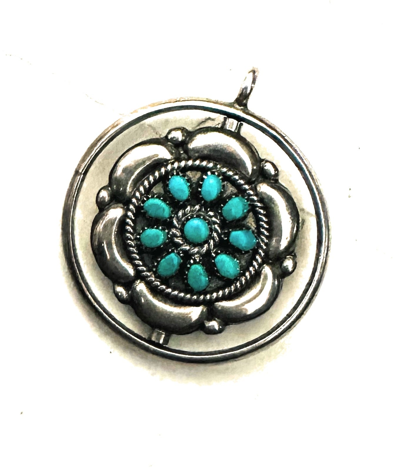 Old Pawn Vintave Navajo Turquoise, Coral & Sterling Silver Double Sided Pendant