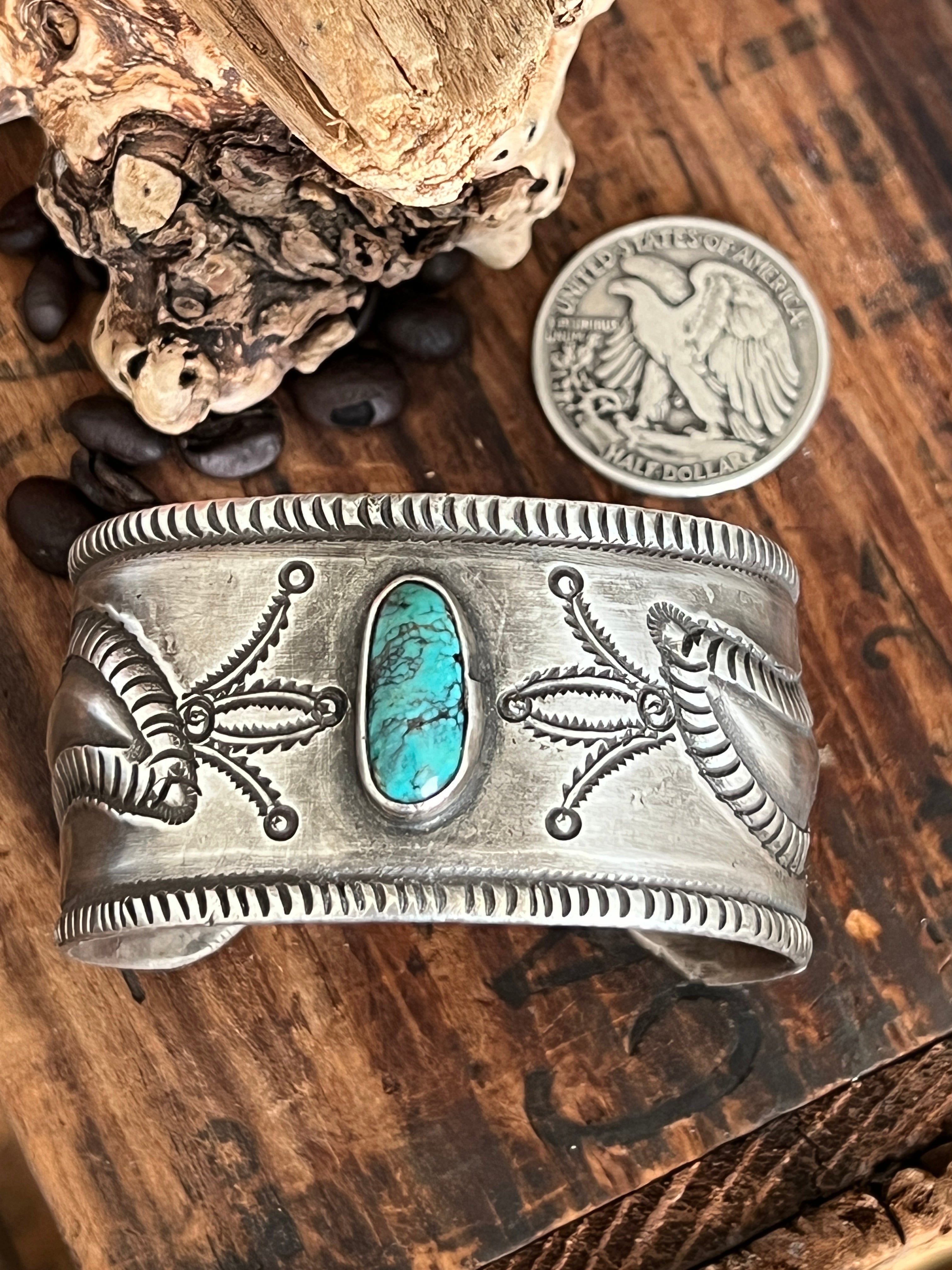 Hand Forged Old Pawn Sterling Silver & Turquoise Ingot Cuff Bracelet by Santa Fe Artist, Buffalo, The Harvest