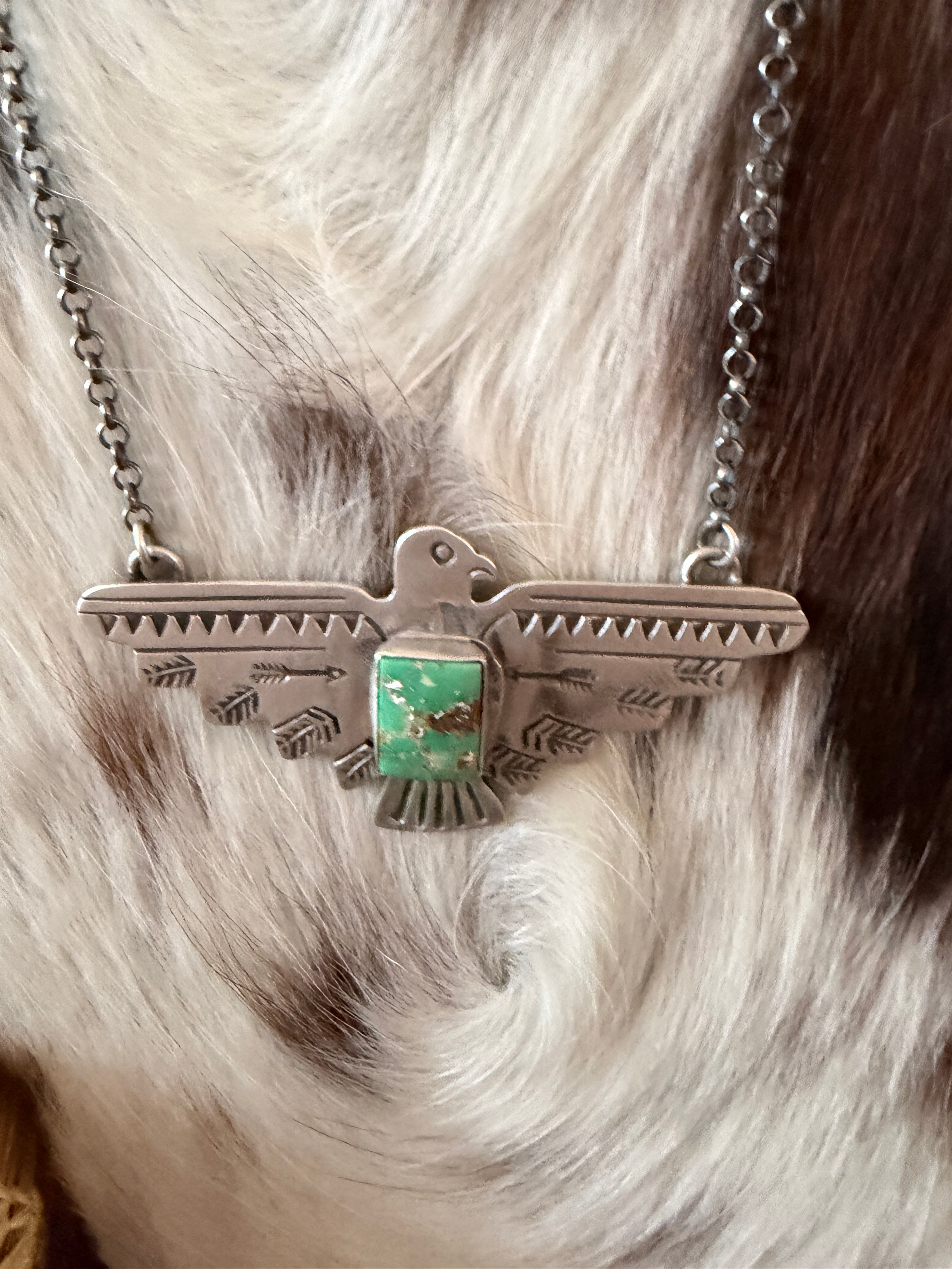 Handcrafted Turquoise & Sterling Silver Thunderbird Necklace by Russell Sam